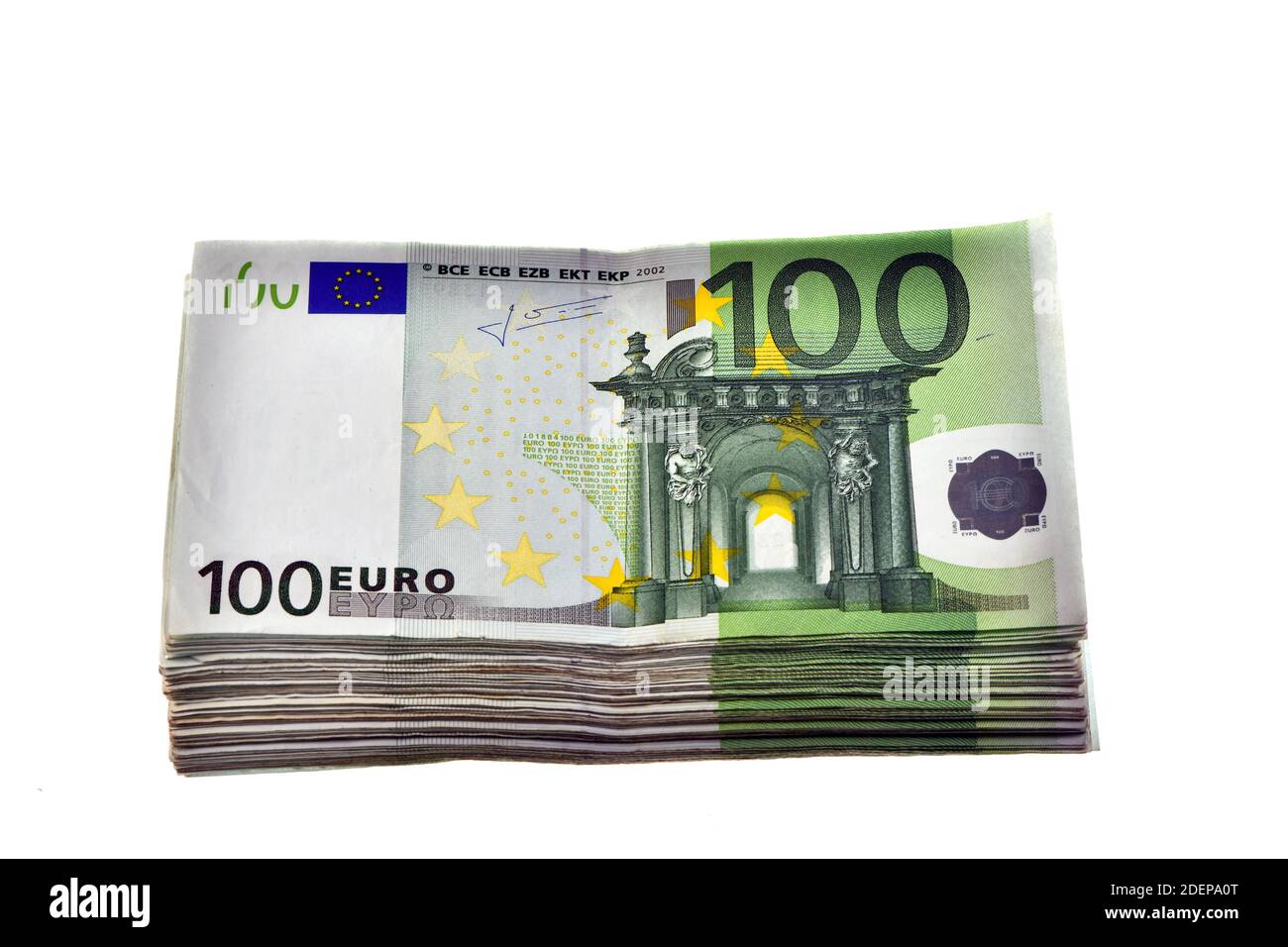 a pile of 10,000 euros -1000 € - in one hundred 100 euro banknotes isolated on white background Stock Photo