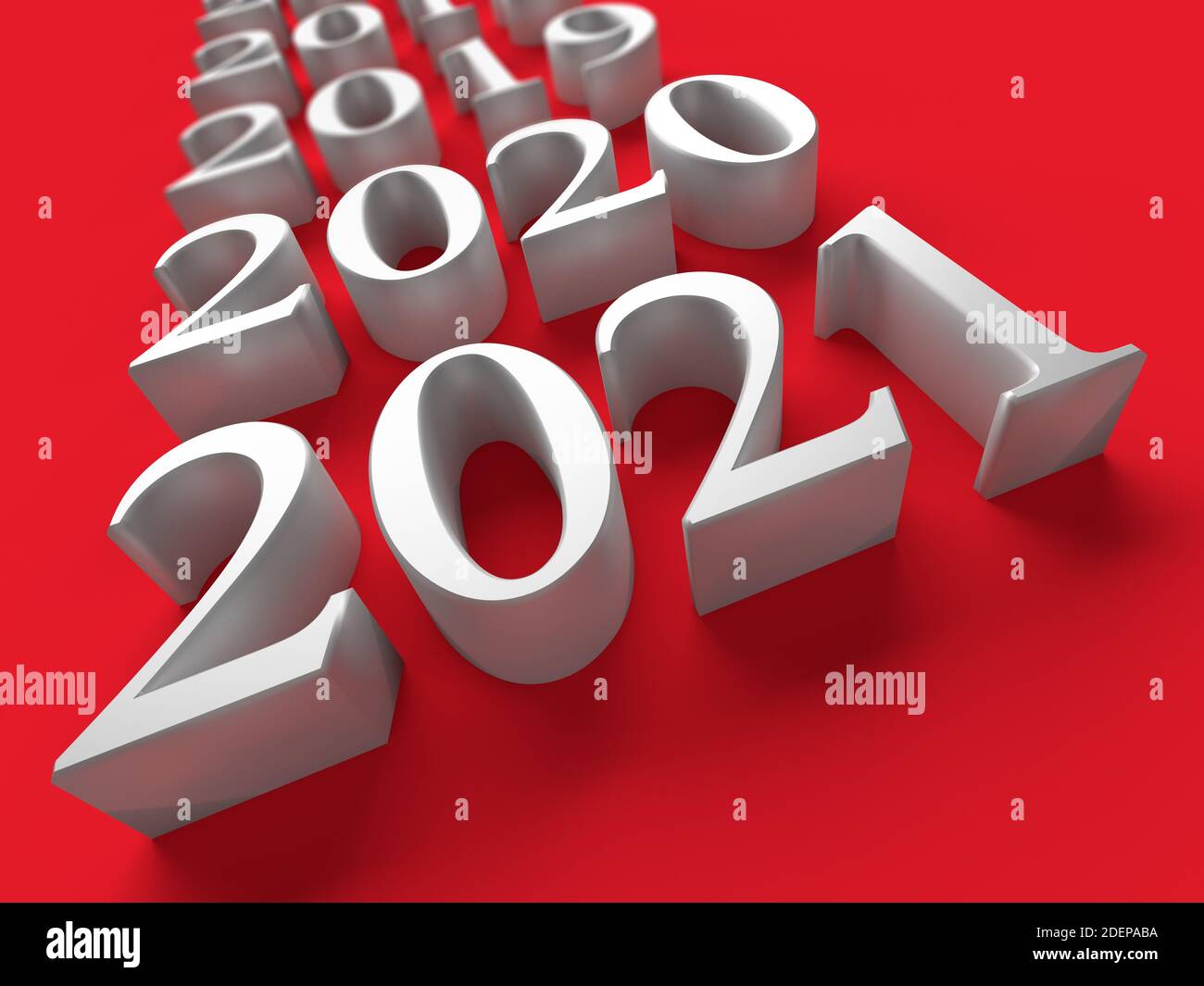 White number of new 2021 year near old years on red background. 3d ...