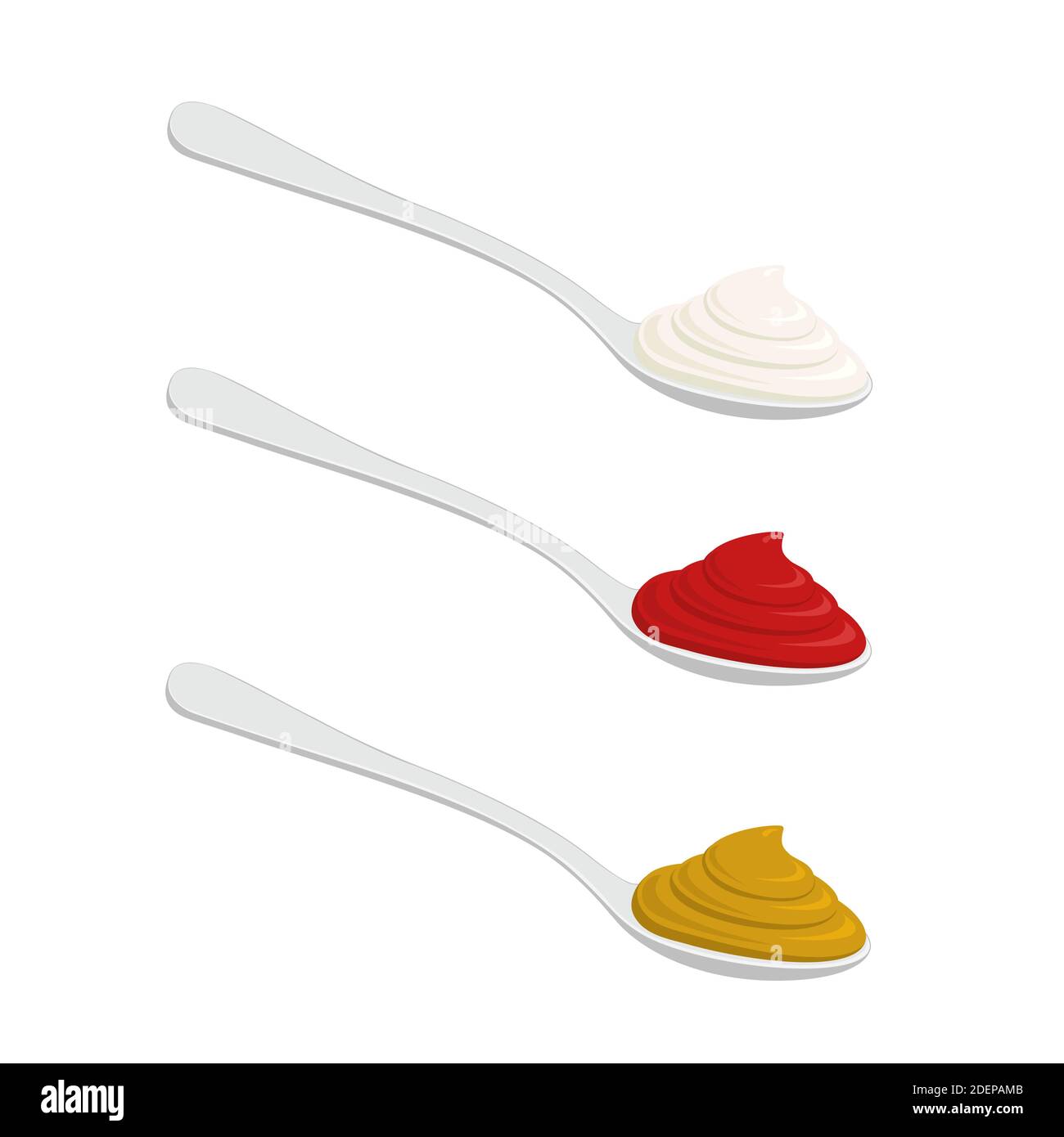 Spoons with mayonnaise, ketchup, mustard. Different sauces isolated on