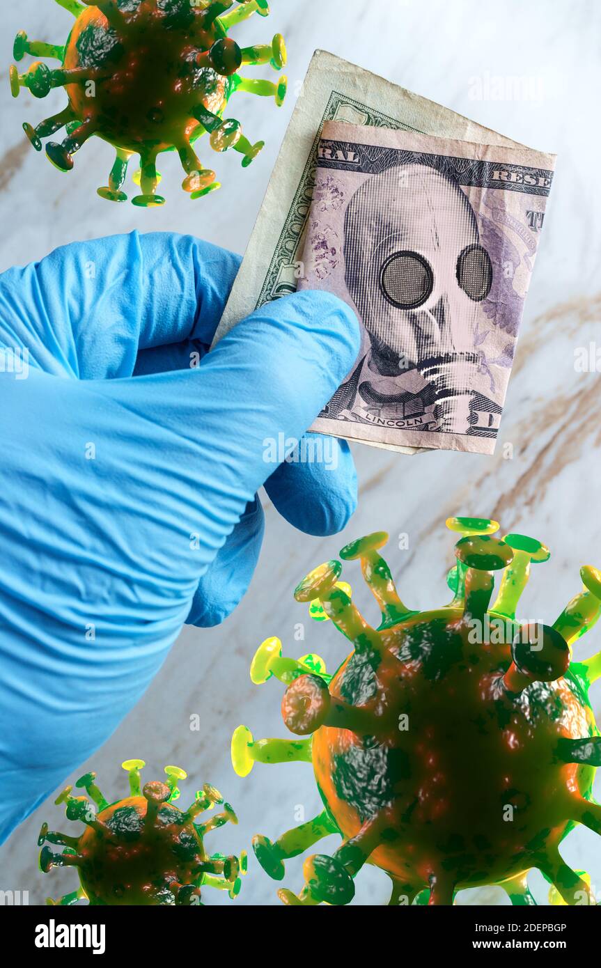 Abraham Lincoln wears gas-mask as protection against the deadly coronavirus metaphor for failing economy Stock Photo