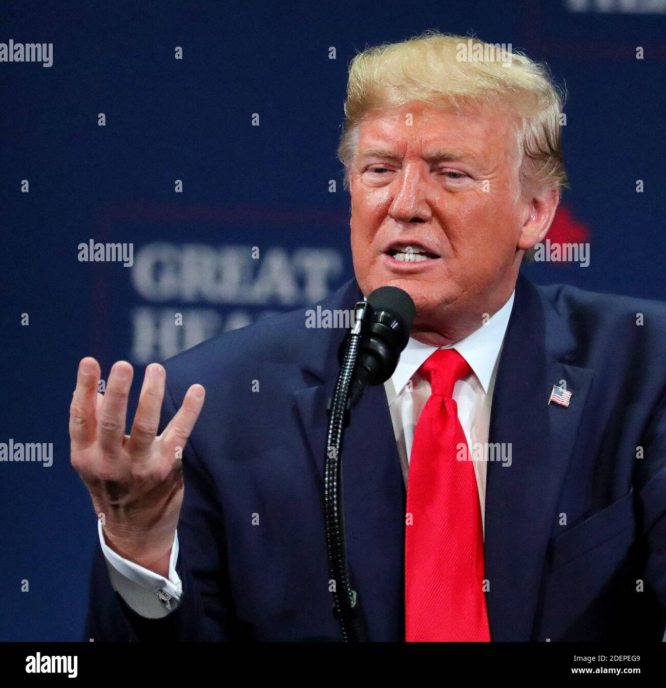 NO FILM, NO VIDEO, NO TV, NO DOCUMENTARY - President Donald Trump delivers remarks during his appearance at the Sharon L. Morris Performing Arts Center in The Villages, Fla., Thursday, October 3, 2019. Photo by Joe Burbank/Orlando Sentinel/TNS/ABACAPRESS.COM Stock Photo