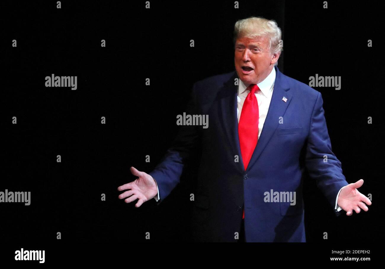 NO FILM, NO VIDEO, NO TV, NO DOCUMENTARY - President Donald Trump responds to cheering supporters as he takes the state during his appearance at the Sharon L. Morris Performing Arts Center in The Villages, Fla., Thursday, October 3, 2019. Photo by Joe Burbank/Orlando Sentinel/TNS/ABACAPRESS.COM Stock Photo