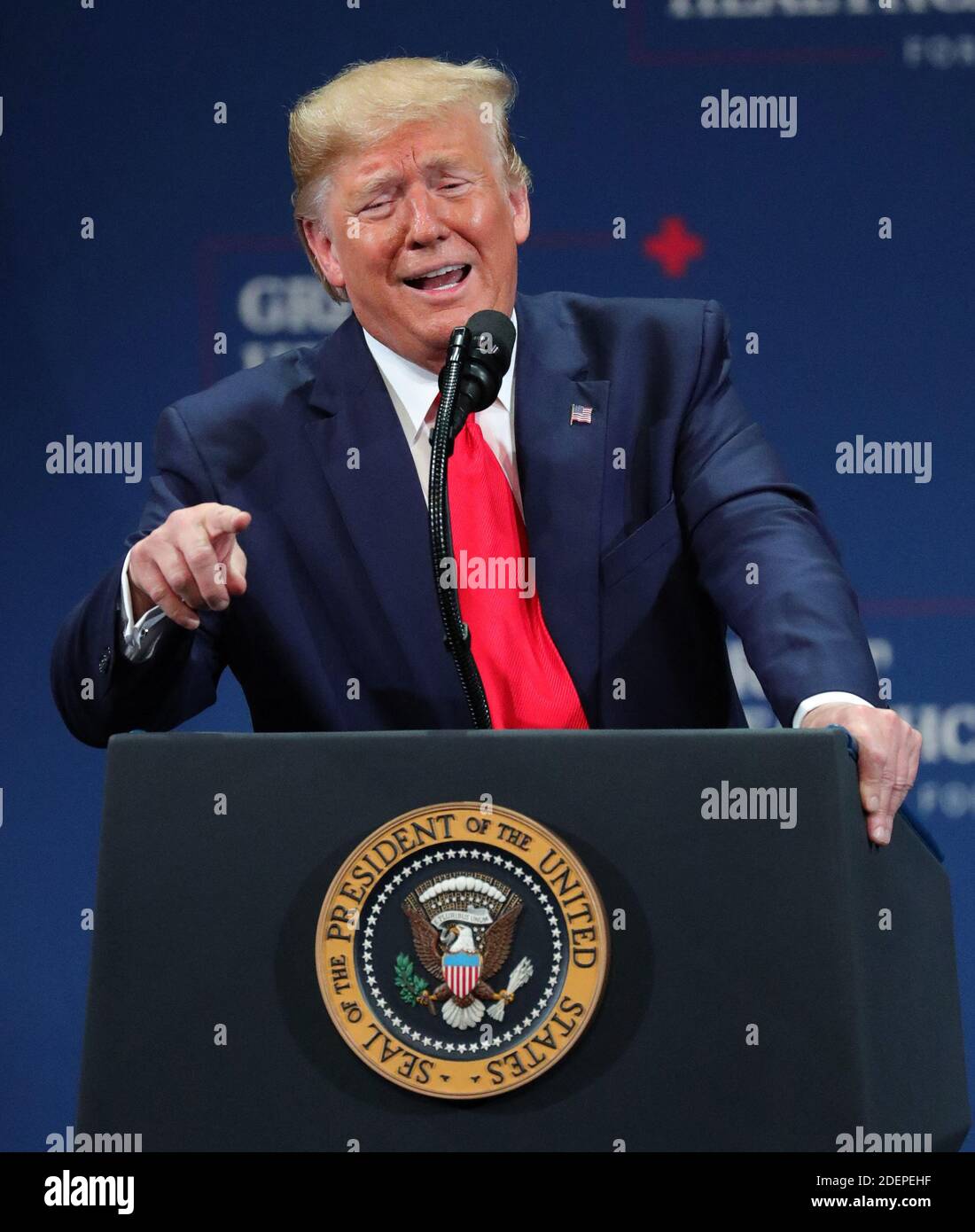 NO FILM, NO VIDEO, NO TV, NO DOCUMENTARY - President Donald Trump jokes with supporters during his appearance at the Sharon L. Morris Performing Arts Center in The Villages, Fla., Thursday, October 3, 2019. Photo by Joe Burbank/Orlando Sentinel/TNS/ABACAPRESS.COM Stock Photo