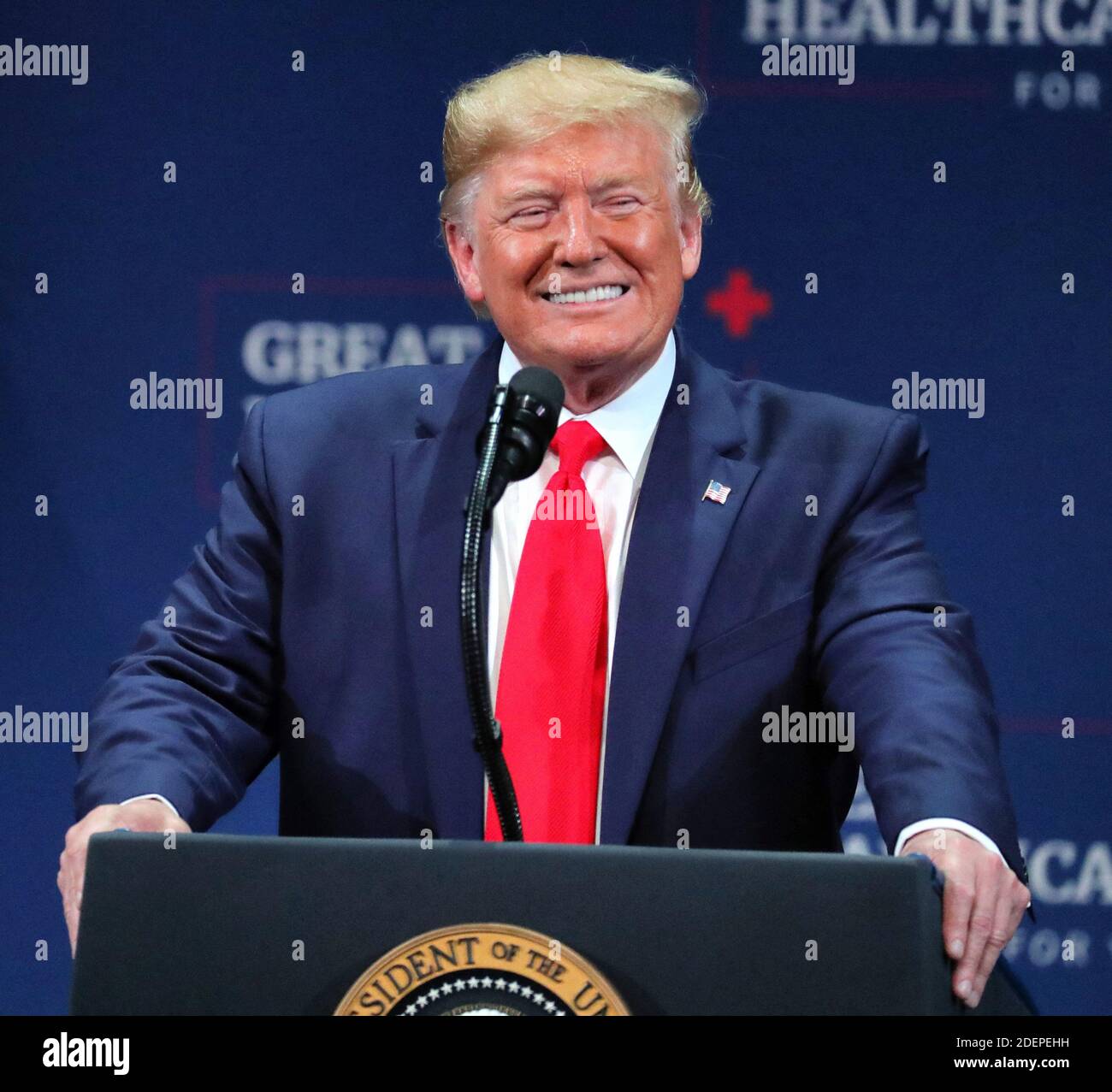 NO FILM, NO VIDEO, NO TV, NO DOCUMENTARY - President Donald Trump responds to cheering supporters during his appearance at the Sharon L. Morris Performing Arts Center in The Villages, Fla., Thursday, October 3, 2019. Photo by Joe Burbank/Orlando Sentinel/TNS/ABACAPRESS.COM Stock Photo