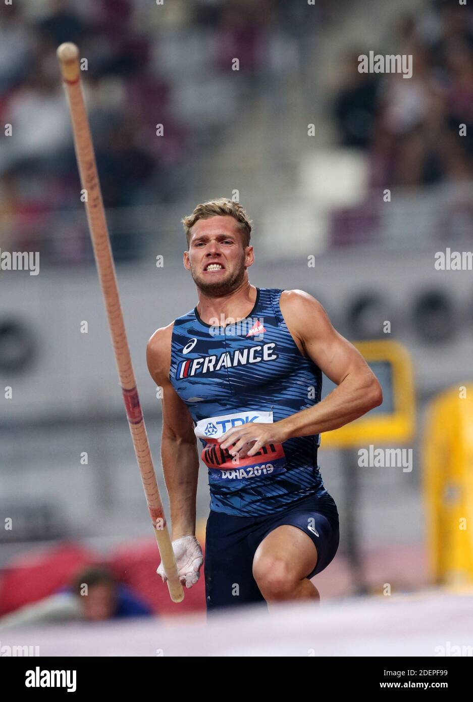 Kevin Mayer competes on Decathlon during the IAAF World Athletics  Championships at Khalifa Stadium in Doha, Qatar, on October 3, 2019. Kevin  Mayer, the defending champion in the men's decathlon, pulled out