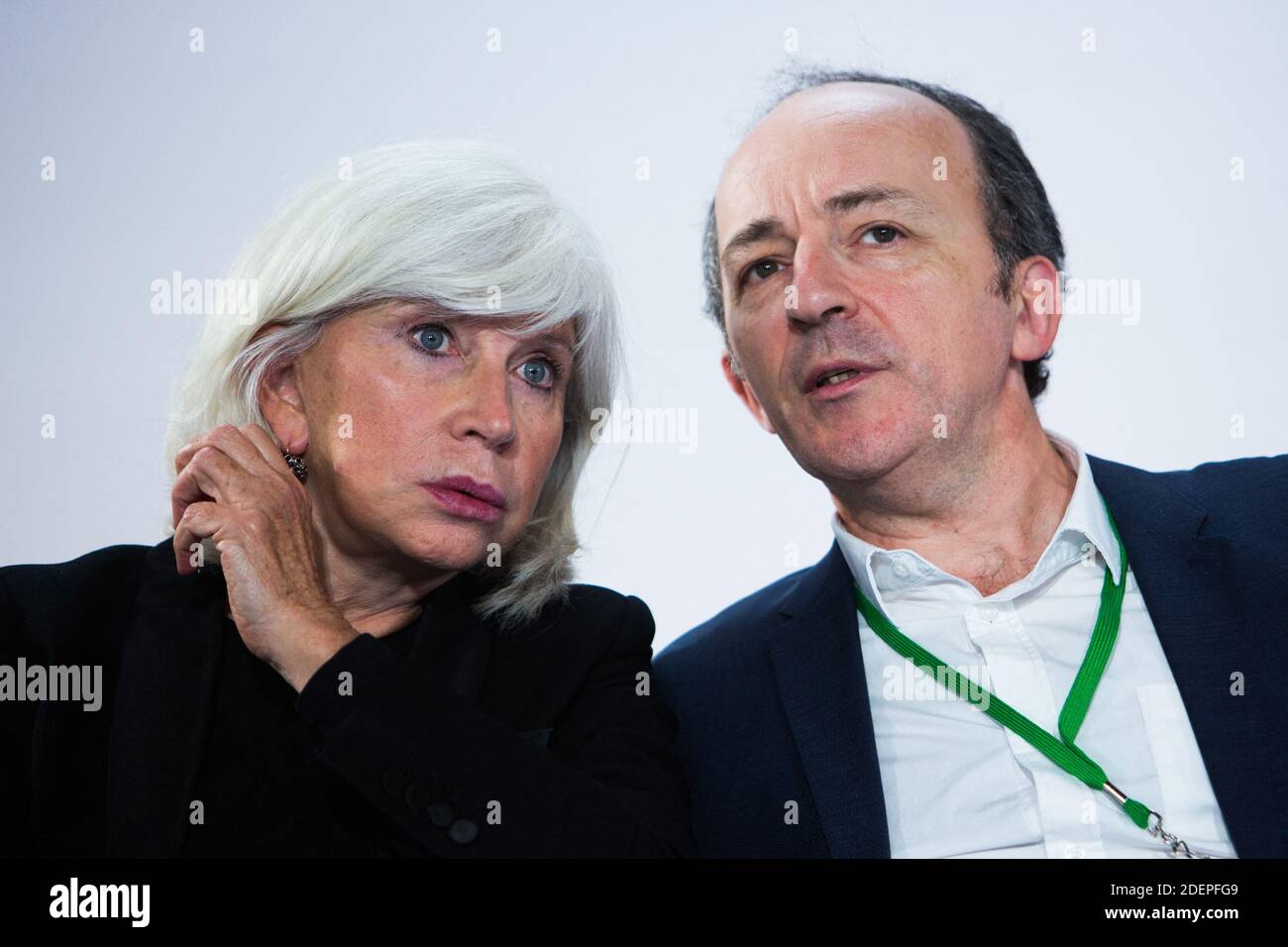 Economist Laurence Tubiana and CEO of Terra Nova Thierry Pech at the Citizens' Convention for Climate held at the French Conseil economique, social et environnemental (CESE - Economic, Social and Environmental Council) in Paris, 04 October 2019. Photo by Raphaël Lafargue/ABACAPRESS.COM Stock Photo