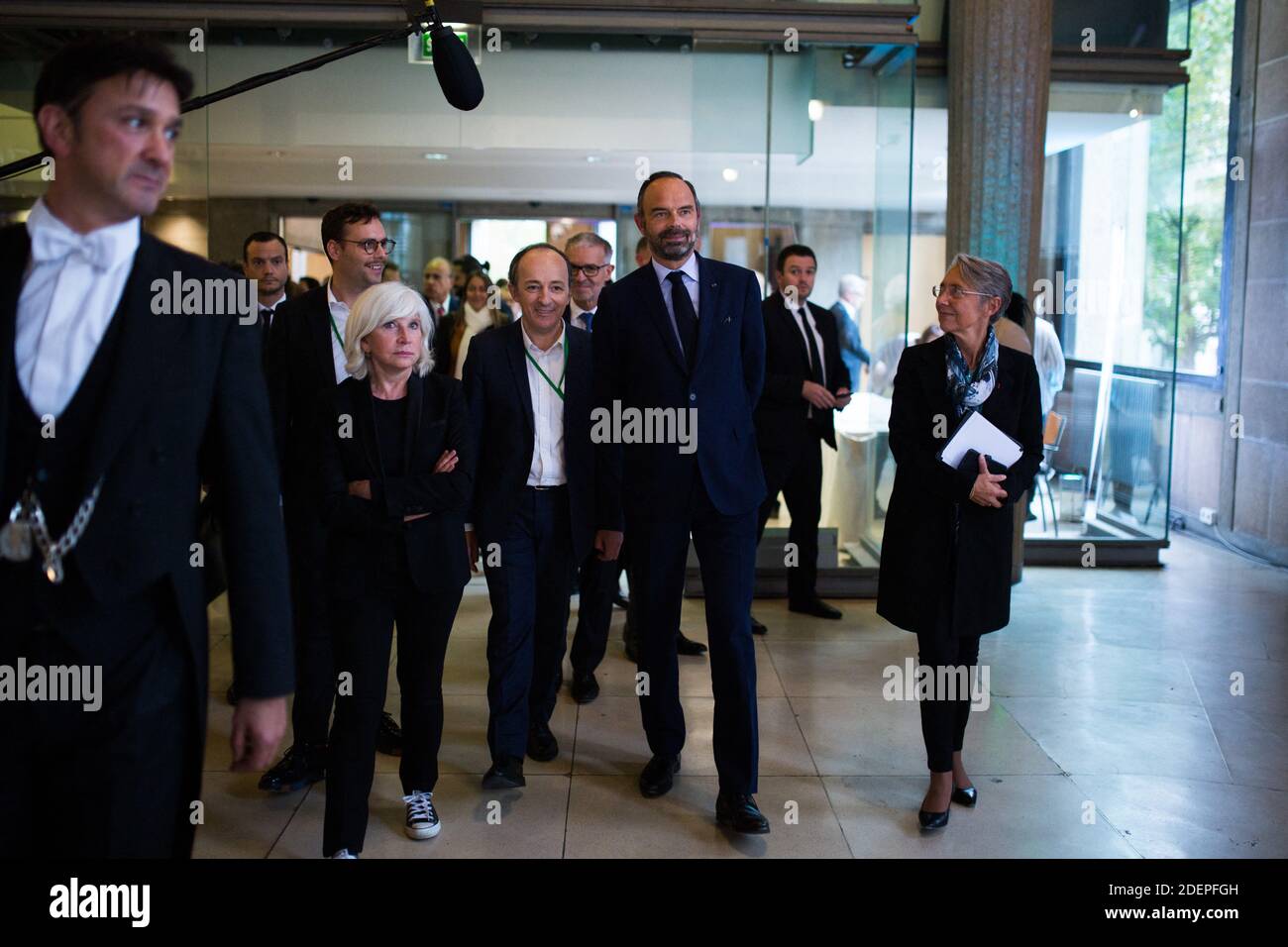 Fench Prime Minister Edouard Philippe, Economist Laurence Tubiana, French Minister for the Ecological and Inclusive Transition Elisabeth Borne and Thierry Pech arrive at the Citizens' Convention for Climate held at the French Conseil economique, social et environnemental (CESE - Economic, Social and Environmental Council) in Paris, 04 October 2019 Photo by Raphaël Lafargue/ABACAPRESS.COM Stock Photo