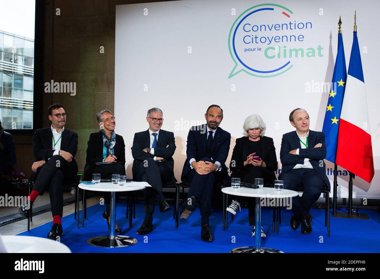 Fench Prime Minister Edouard Philippe, Economist Laurence Tubiana, French Minister for the Ecological and Inclusive Transition Elisabeth Borne, president of the CESE Patrick Bernasconi and Thierry Pech at the Citizens' Convention for Climate held at the French Conseil economique, social et environnemental (CESE - Economic, Social and Environmental Council) in Paris, 04 October 2019 Photo by Raphaël Lafargue/ABACAPRESS.COM Stock Photo