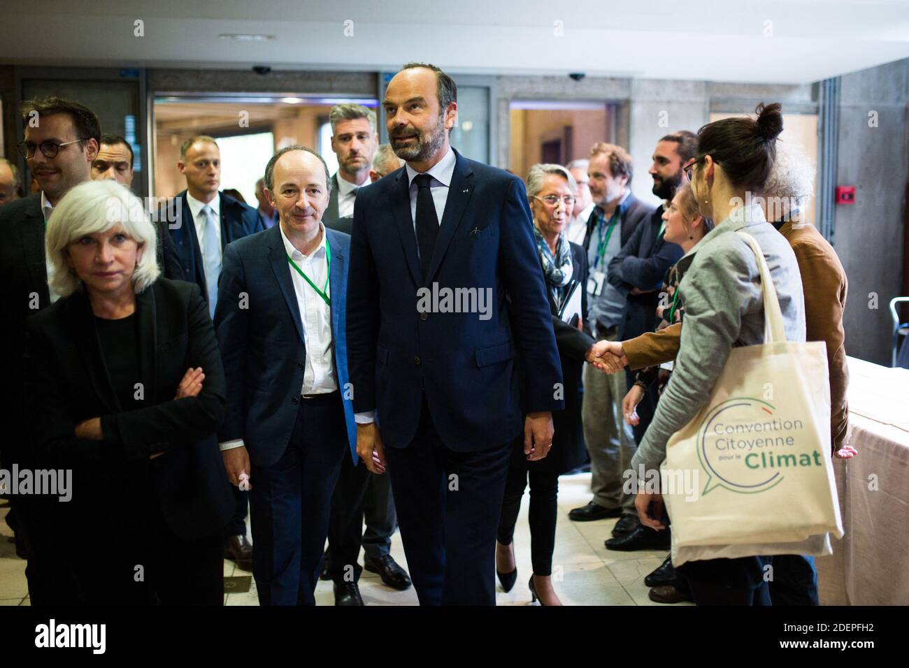Fench Prime Minister Edouard Philippe, Economist Laurence Tubiana and Thierry Pech arrive at the Citizens' Convention for Climate held at the French Conseil economique, social et environnemental (CESE - Economic, Social and Environmental Council) in Paris, 04 October 2019 Photo by Raphaël Lafargue/ABACAPRESS.COM Stock Photo
