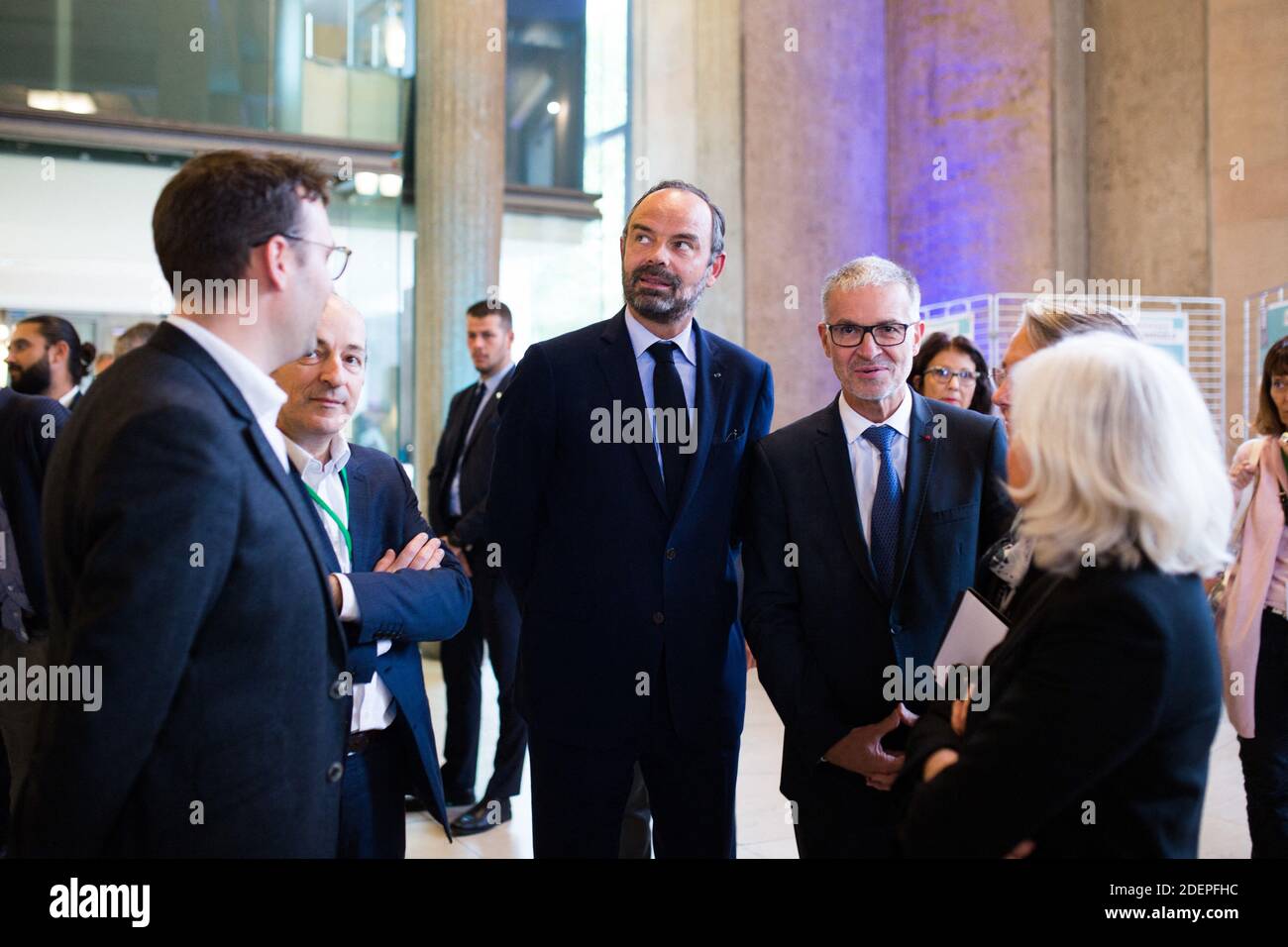 Fench Prime Minister Edouard Philippe, Economist Laurence Tubiana, French Minister for the Ecological and Inclusive Transition Elisabeth Borne, president of the CESE Patrick Bernasconi and Thierry Pech arrive at the Citizens' Convention for Climate held at the French Conseil economique, social et environnemental (CESE - Economic, Social and Environmental Council) in Paris, 04 October 2019 Photo by Raphaël Lafargue/ABACAPRESS.COM Stock Photo