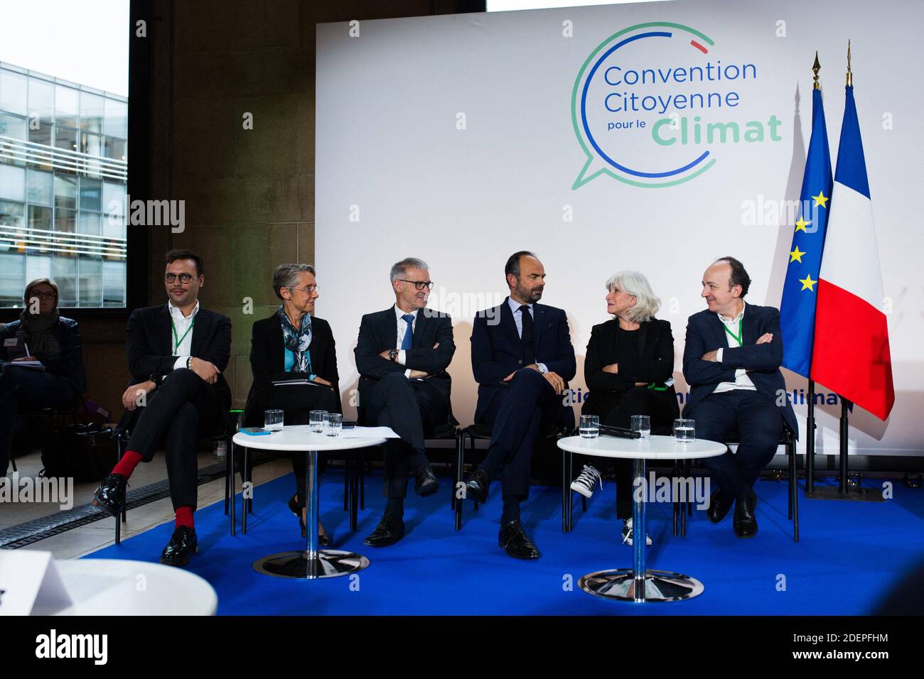 Fench Prime Minister Edouard Philippe, Economist Laurence Tubiana, French Minister for the Ecological and Inclusive Transition Elisabeth Borne, president of the CESE Patrick Bernasconi and Thierry Pech at the Citizens' Convention for Climate held at the French Conseil economique, social et environnemental (CESE - Economic, Social and Environmental Council) in Paris, 04 October 2019 Photo by Raphaël Lafargue/ABACAPRESS.COM Stock Photo