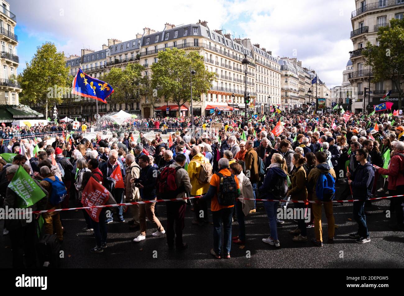 People hold flags as they take part in a Marchons Enfants demonstration against the GPA under the slogan Liberte Egalite Paternite where several tens of thousands of people people (between 75,000 and 600,000) responded to the call of the Manif Pour Tous movement to participate in Paris in the major mobilization entitled Marchons Enfants in order to protest against the Bioethics law legalizing PMA (medically assisted procreation) to homosexual couples. Paris, France, October 6, 2019. Photo by Julie Sebadelha/ABACAPRESS.COM Stock Photo