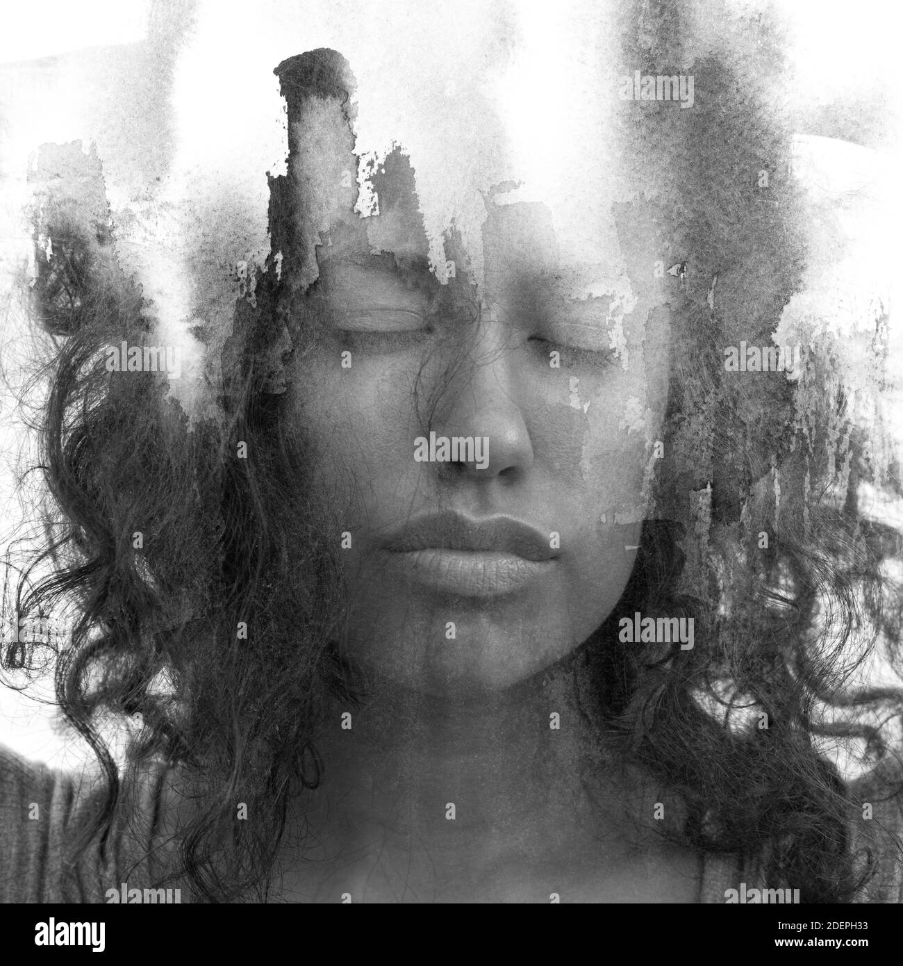 A black and white paintography portrait of a young woman with curly ...