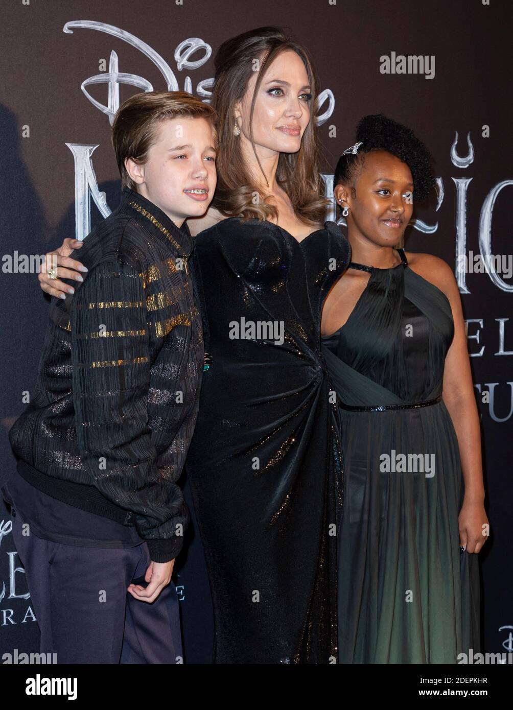 (L-R) Knox Pitt, Angelina Jolie, Zahara Pitt poses along the red carpet for the european premiere screening of the movie Maleficent the Misstress of Evil held at the Auditorium della Conciliazione in Rome, Italy on October 7, 2019. Photo by Marco Piovanotto/ABACAPRESS.COM Stock Photo