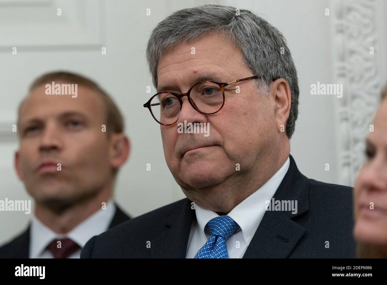 United States Attorney General William P. Barr listens as United States President Donald J. Trump presents the Presidential Medal of Freedom to Edwin Meese at the White House in Washington, DC, USA, October 8, 2019. Photo by Chris Kleponis/Pool via CNP/ABACAPRESS.COM Stock Photo