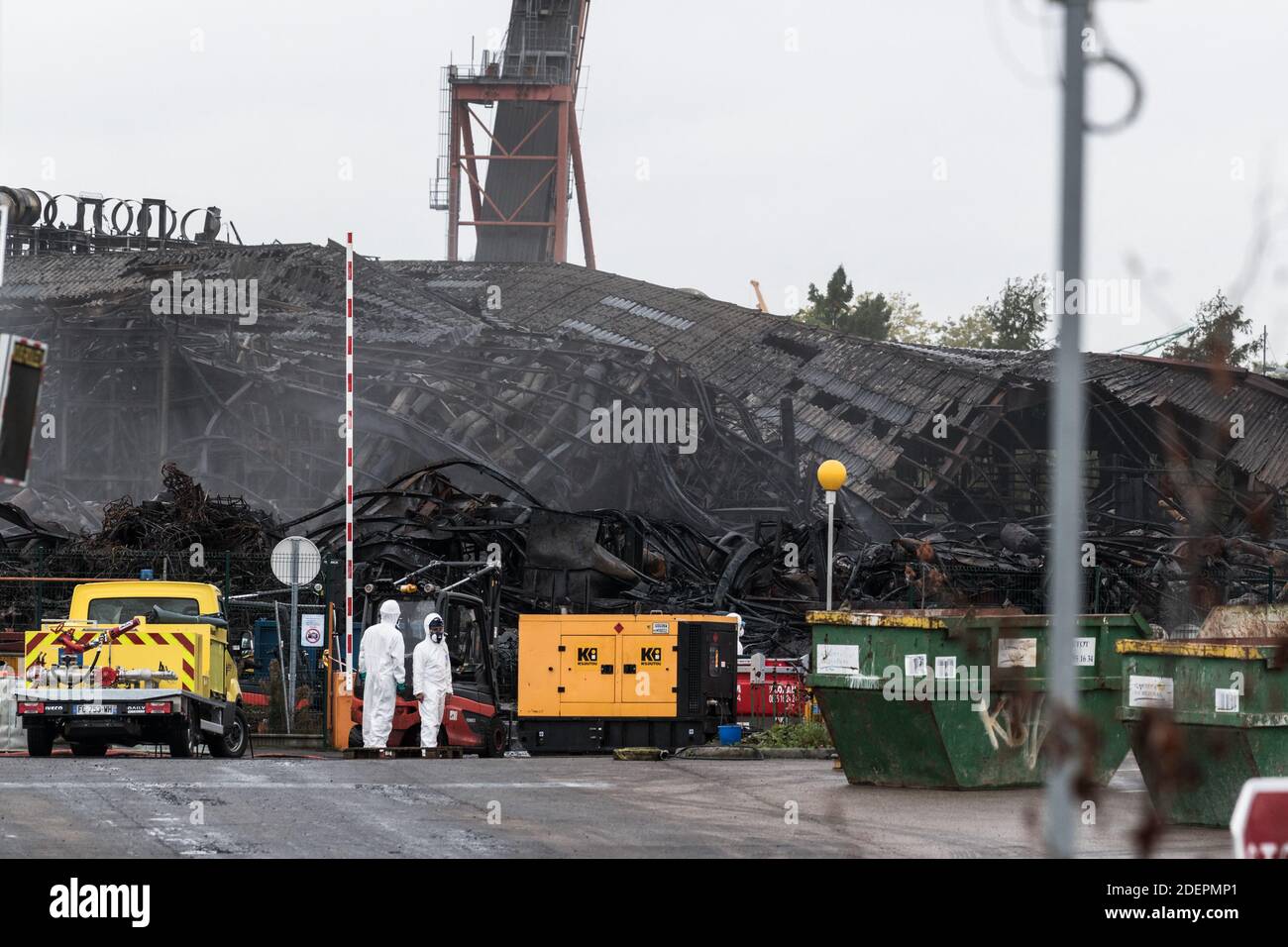 A view of the remains of the Lubrizol factory in Rouen, western France on October 8, 2019. Investigations have begun at the site while 130 complaints have already been filed by residents, companies or municipalities affected by the consequences of this disaster. 'The persistence of hot spots on the sites concerned has not so far made it possible to make findings in the field,' explained the Paris public prosecutor in a statement, whose investigations have been resumed by the Public Health Department, particularly because of their complexity and the scale of the disaster. Photo by Daniel Deraji Stock Photo