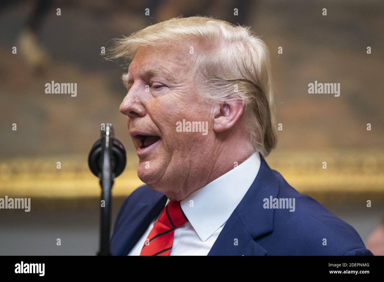 US President Donald J. Trump speaks to the media after signing two executive orders on transparency in federal guidance and enforcement in the Roosevelt Room of the White House in Washington, DC, USA, October 9, 2019. Trump used the opportunity to speak about his impeachment inquiry, as well as Turkey's move into Syria. Photo by Jim Lo Scalzo/Pool/ABACAPRESS.COM Stock Photo