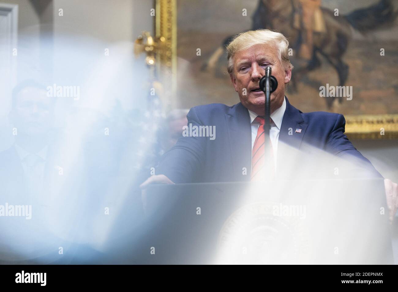 US President Donald J. Trump speaks to the media after signing two executive orders on transparency in federal guidance and enforcement in the Roosevelt Room of the White House in Washington, DC, USA, October 9, 2019. Trump used the opportunity to speak about his impeachment inquiry, as well as Turkey's move into Syria. Photo by Jim Lo Scalzo/Pool/ABACAPRESS.COM Stock Photo