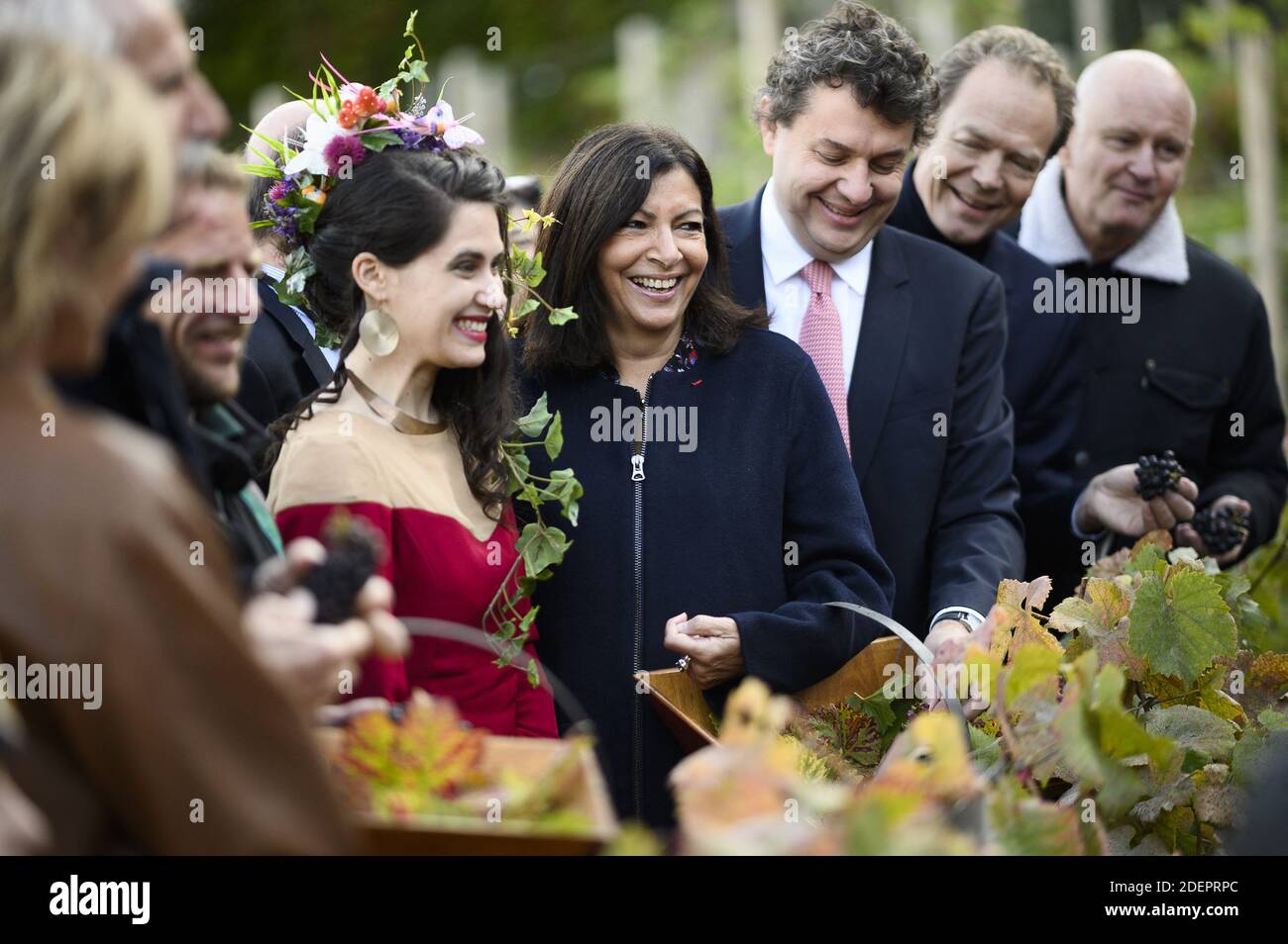 Paris's Mayor Anne Hidalgo smiles during the harvest of the vines of the Clos Montmartre in Paris on October 12, 2019. Photo by ELIOT BLONDET/ABACAPRESS.COM Stock Photo