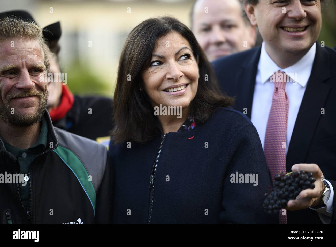 Paris's Mayor Anne Hidalgo smiles during the harvest of the vines of the Clos Montmartre in Paris on October 12, 2019. Photo by ELIOT BLONDET/ABACAPRESS.COM Stock Photo