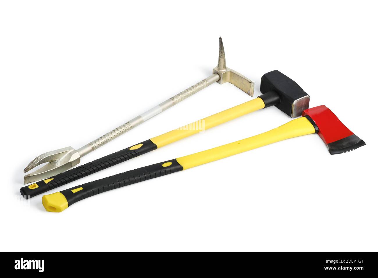 Yellow sledgehammer, axe and hooligan pinchbar from fireman's toolbox