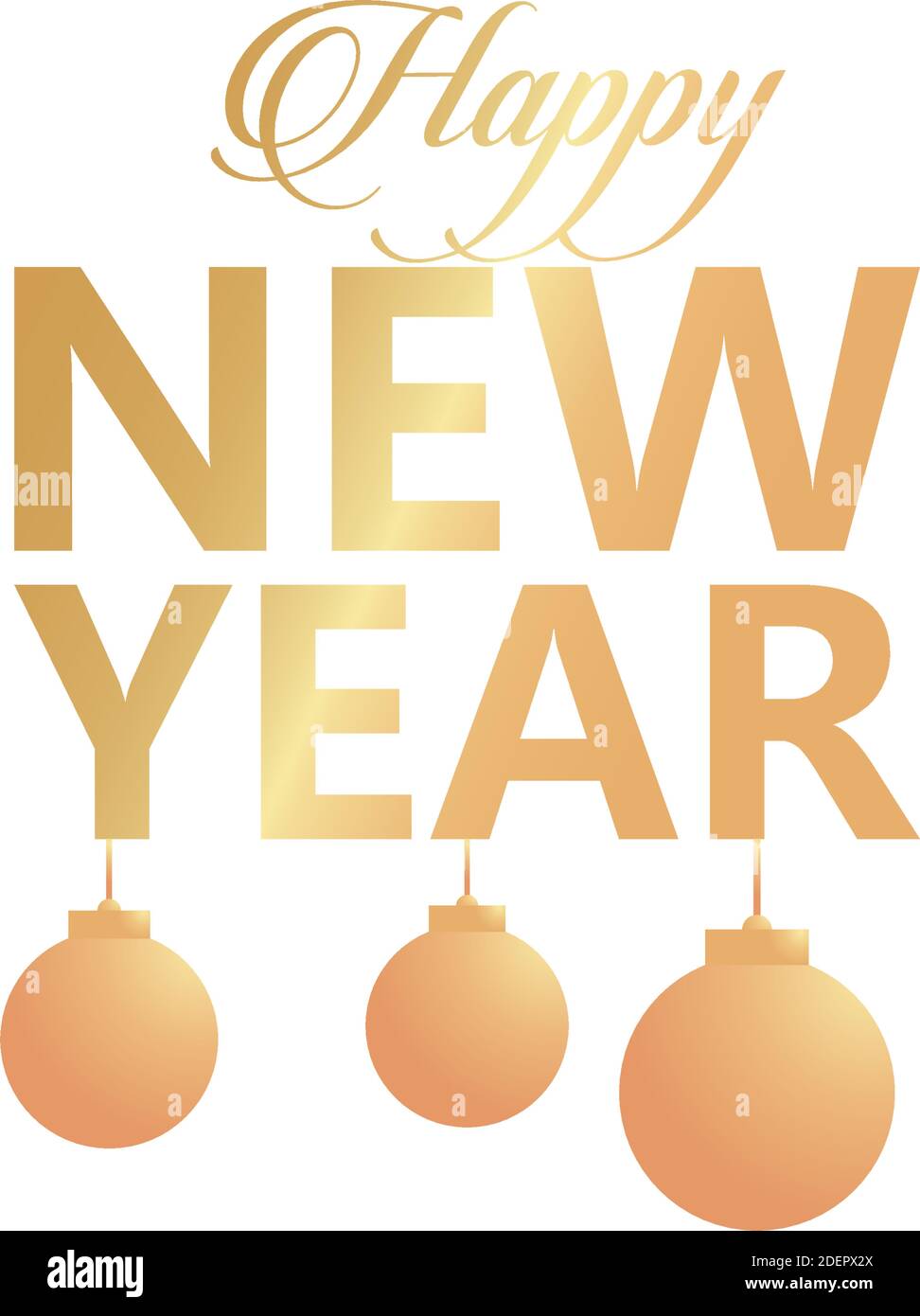 happy new year golden lettering with balls hanging vector illustration ...