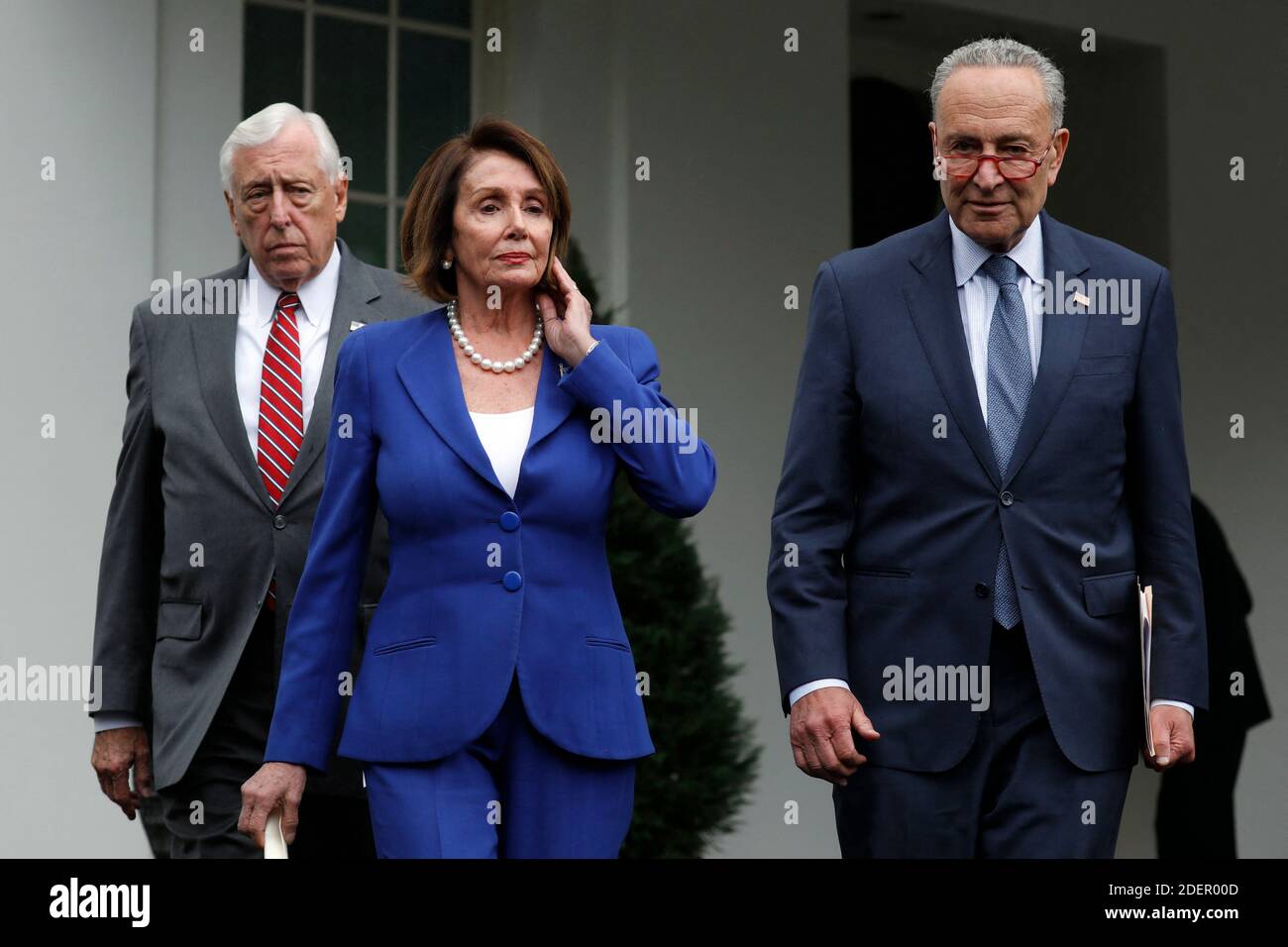 U.S. House Speaker Nancy Pelosi (D-CA) walk out with Senate Minority Leader Chuck Schumer (D-NY) and House Majority Leader Steny Hoyer (D-MD) (L) to speak with reporters after their meeting with President Donald Trump on the situation with Turkey at the White House in Washington on October 16, 2019. Photo by Yuri Gripas/ABACAPRESS.COM Stock Photo