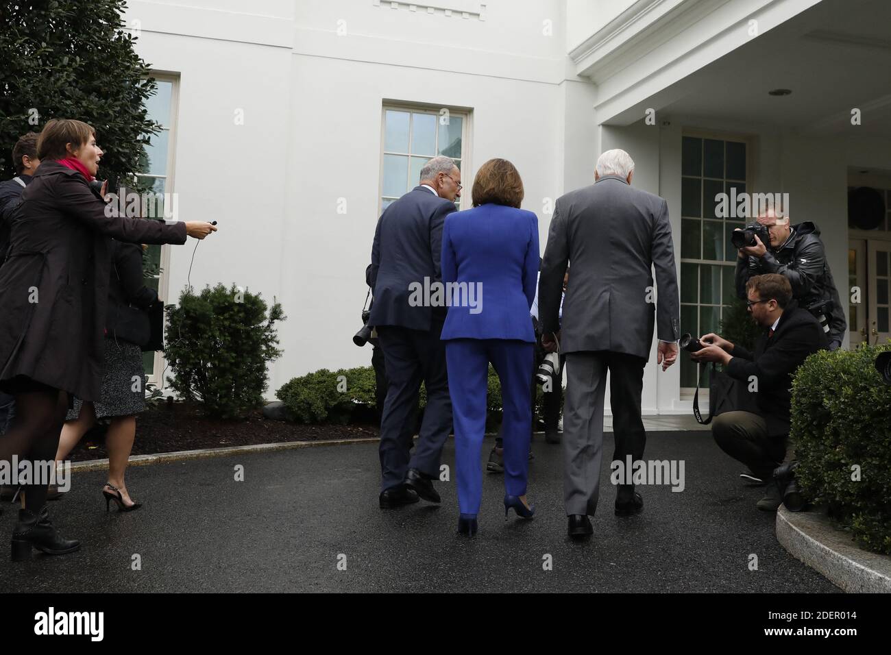U.S. House Speaker Nancy Pelosi (D-CA) leave with Senate Minority Leader Chuck Schumer (D-NY) (L) and House Majority Leader Steny Hoyer (D-MD) after speaking to the media following their meeting with President Donald Trump on the situation with Turkey at the White House in Washington on October 16, 2019. Photo by Yuri Gripas/ABACAPRESS.COM Stock Photo