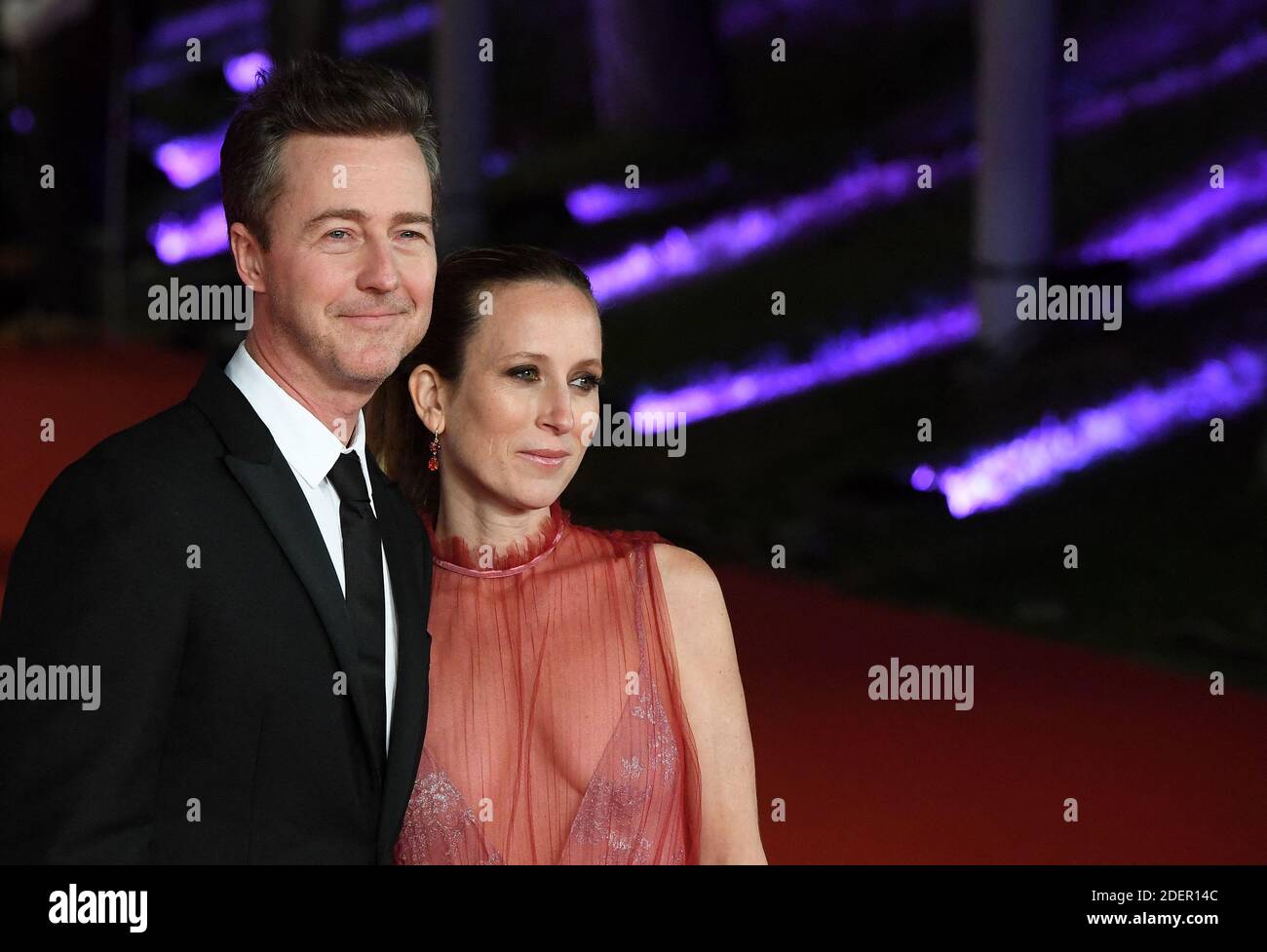 Edward Norton and Shauna Weinberg Robertson attend the Motherless Brooklyn red carpet during the