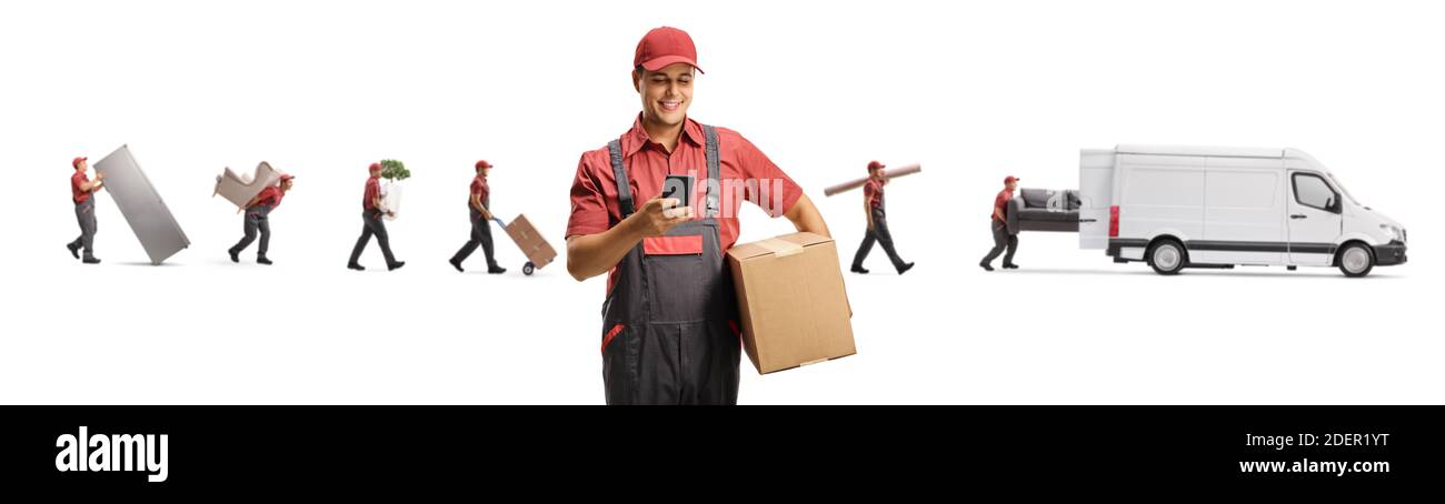 Moving company with a van and workers carrying boxes and furniture isolated on white background Stock Photo