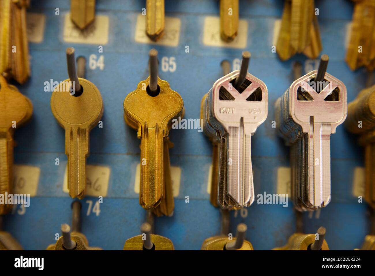Keys hanging on board. Stock Photo