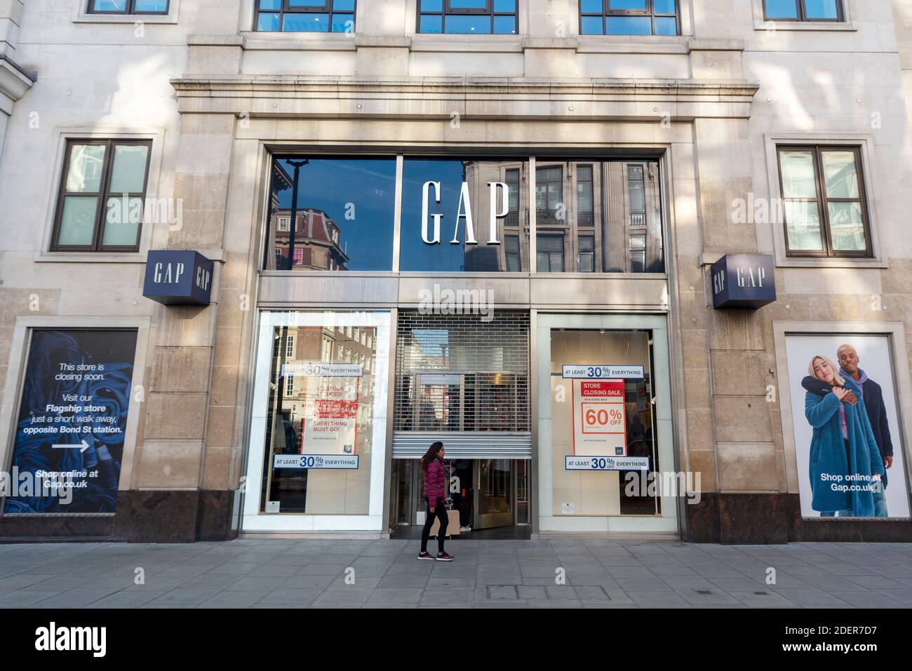 01 December 2020. London, United Kingdom. The Gap clothes store in Oxford Circus in Oxford Street is set to close. In October 2020, the clothing retail company had considered closing all of the European stores and its UK-based European distribution centre due the a downturn in sales and profits. The current Covid-19 lockdown restrictions have had an effect on the retail stores. Photo by Ray Tang/Ray Tang Media Stock Photo