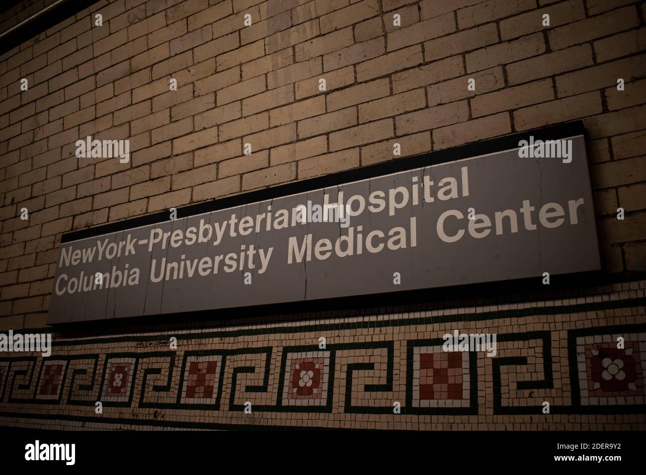 New York Presbyterian Hospital - Columbia University Medical Center Subway Sign in Washington Heights NY Stock Photo