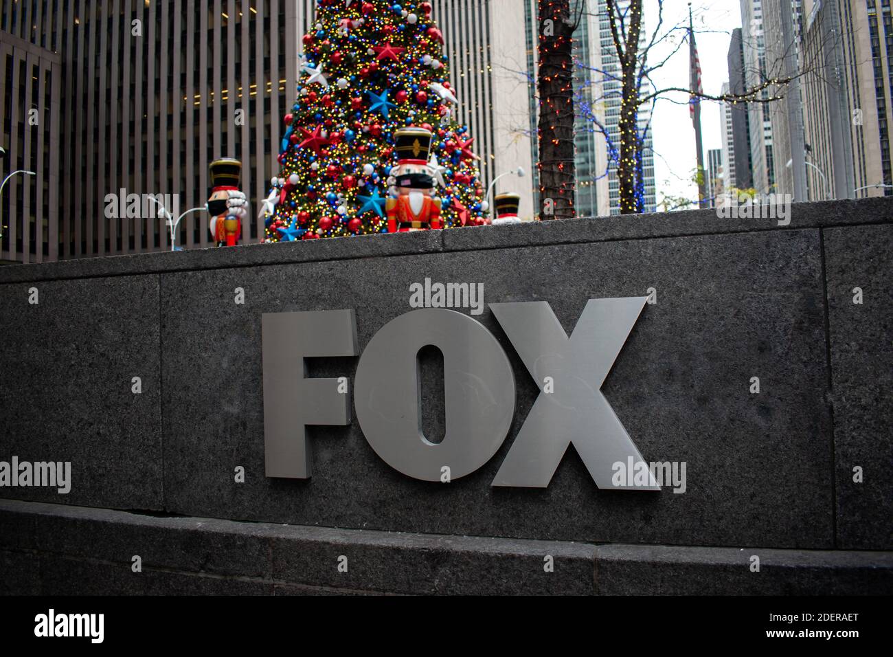 Fox Headquarter Sign During The Holiday Season in New York City Stock Photo