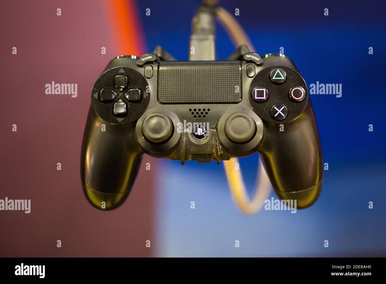 A Sony PS4 controller ( manette ) at the Paris Games Week 2019. The Paris  Games Week is an event gathering various actors of the video game industry  in Paris. October 29