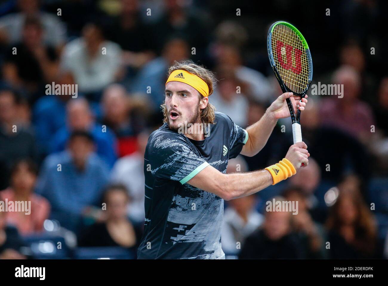 Stefanos Tsitsipas of Greece in action against Novak Djokovic (not seen) of  Serbia during the Rolex Paris Masters tennis tournament at AccorHotels  Arena in Paris, France on November 01, 2019. Photo by