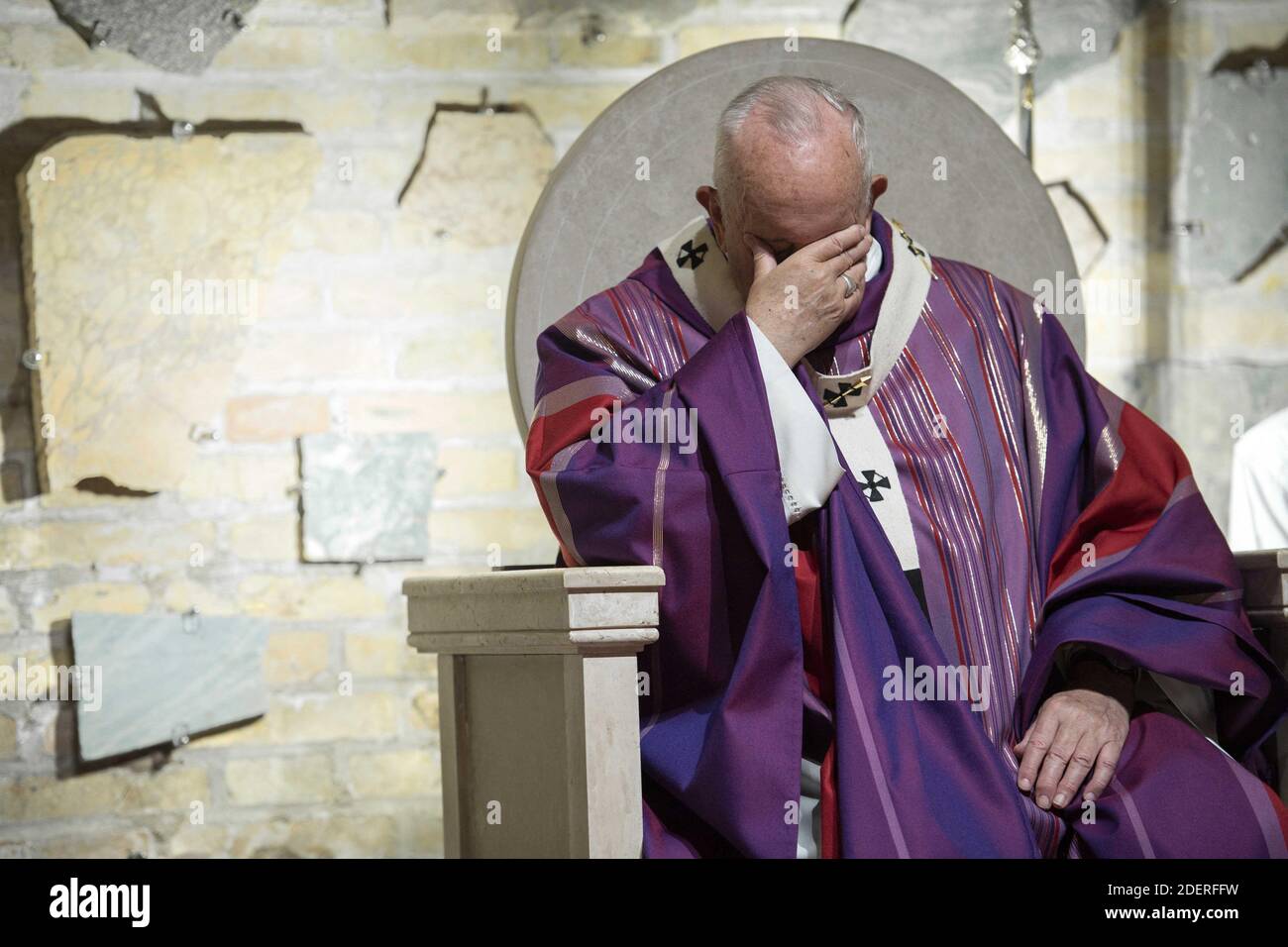 For the celebration of the feast of all the dead Pope Francis Celebrates Mass in the Catacombs of Priscilla in Rome, Italy on November 2, 2019. It was the first time in his life that pope Francis visits a catacomb. The catacombs were used for early Christians burials from the late 2nd-4th Century. The labyrinthine cemetery complex stretching for 13 kilometers over several levels underneath northern Rome is known as the 'Queen of the catacombs' because it features burial chambers of popes and a tiny, delicate fresco of the Madonna nursing Jesus dating from around 230-240 A.D. Photo by ABACAPRES Stock Photo