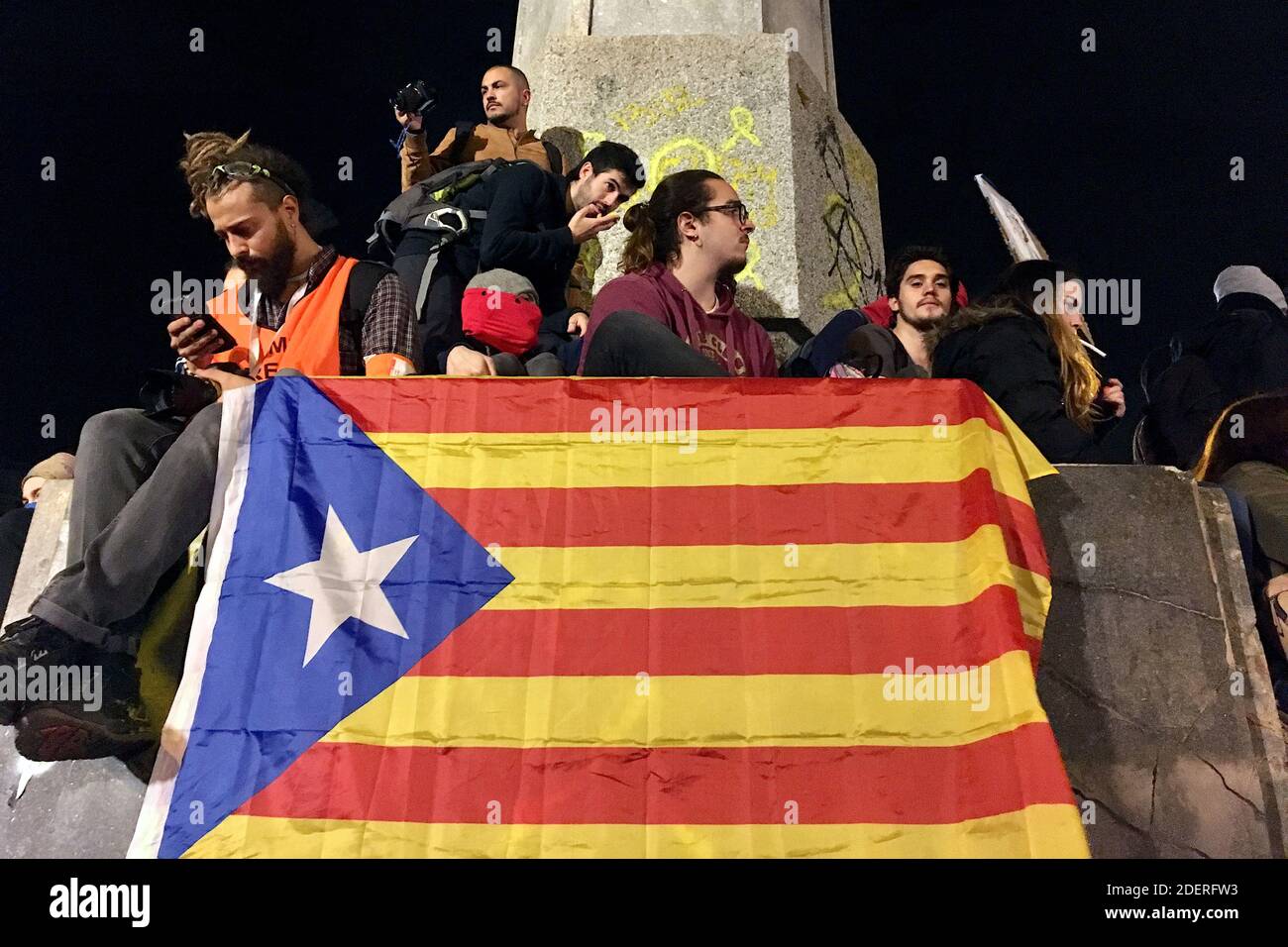 Hundreds of people march to demand the resignation of Catalan Regional Interior Minister Miquel Buch in front of the Regional Department of Interior in Barcelona, Spain, October 21, 2019 in a march called by the so-called Committees for the Defense of the Republic (CDR). Thousands of people are taking on the streets against the Supreme Court's sentence against Catalan pro-independence leaders for several years imprisonment for sedition, and in some cases embezzlement, for holding an illegal referendum on 01 October 2017. Photo by Nicolas Roses/ABACAPRESS.COM Stock Photo