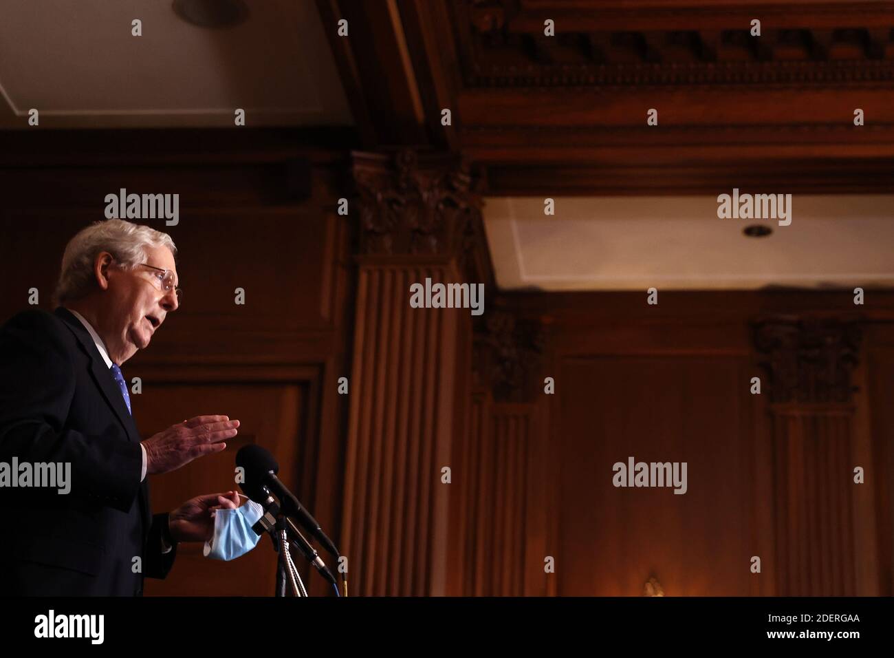 Washington, DC. 01st Dec, 2020. United States Senate Majority Leader Mitch McConnell (Republican of Kentucky) talks with reporters following the weekly US Senate Republican Conference meeting in the Mansfield Room at the U.S. Capitol December 01, 2020 in Washington, DC. The Senate GOP leaders were asked about the chances of Congress passing another coronavirus relief bill along with must-pass government funding legislation.Credit: Chip Somodevilla/Pool via CNP | usage worldwide Credit: dpa/Alamy Live News Stock Photo
