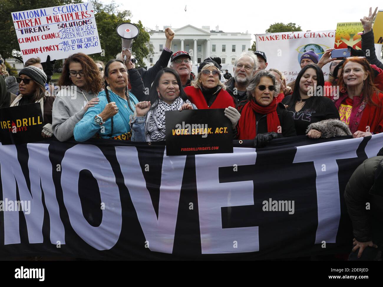 Actress Jane Fonda participates in a rally against climate change outside the White House in Washington on November 8, 2019. Fonda, known for her opposition to the Vietnam War, participated in the Fire Drill Friday's climate change, every Friday to shine light on the changing climate and to encourage political action on the issue. Photo by Yuri Gripas/ABACAPRESS.COM Stock Photo