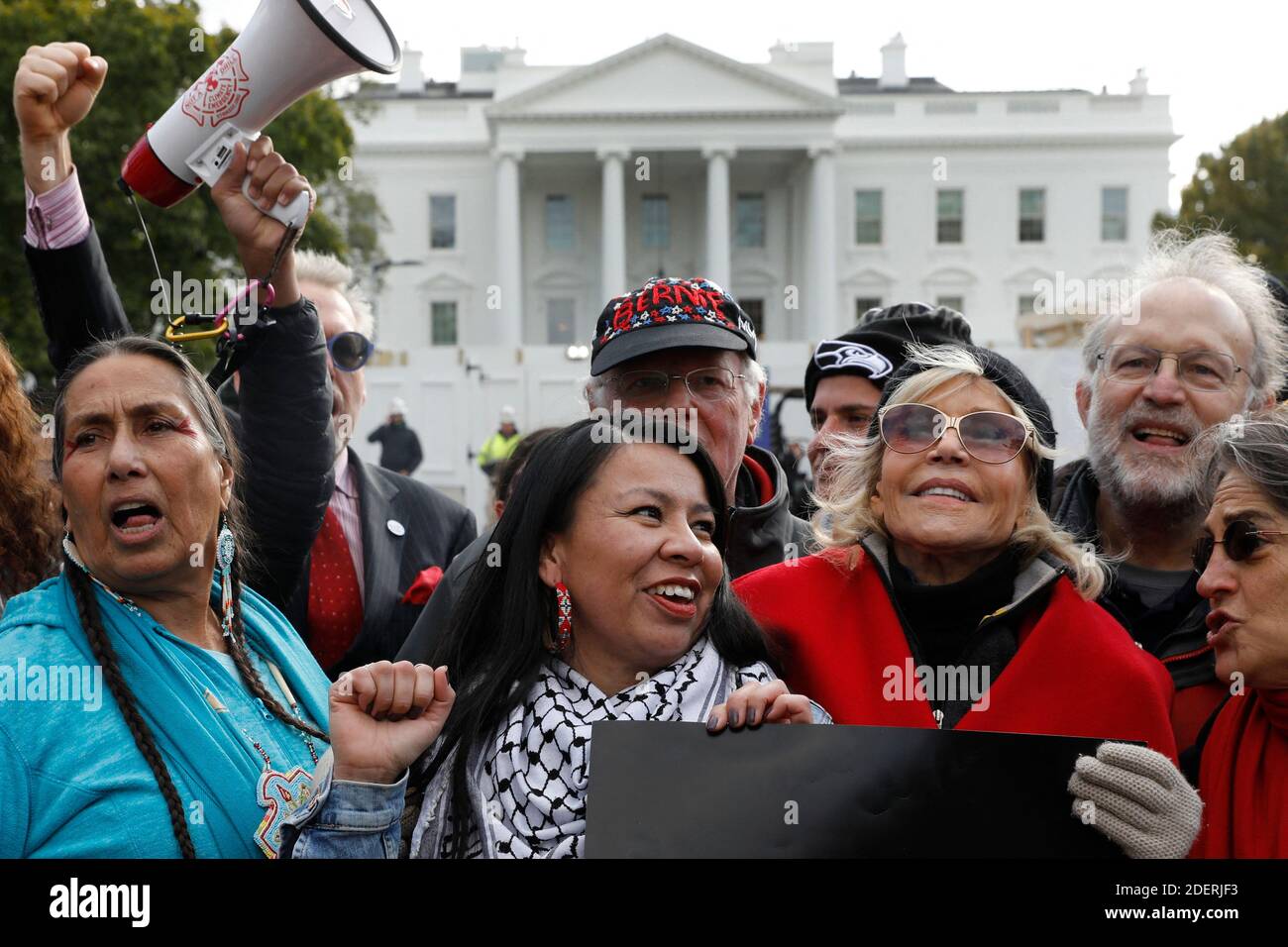 Actress Jane Fonda participates in a rally against climate change outside the White House in Washington on November 8, 2019. Fonda, known for her opposition to the Vietnam War, participated in the Fire Drill Friday's climate change, every Friday to shine light on the changing climate and to encourage political action on the issue. Photo by Yuri Gripas/ABACAPRESS.COM Stock Photo