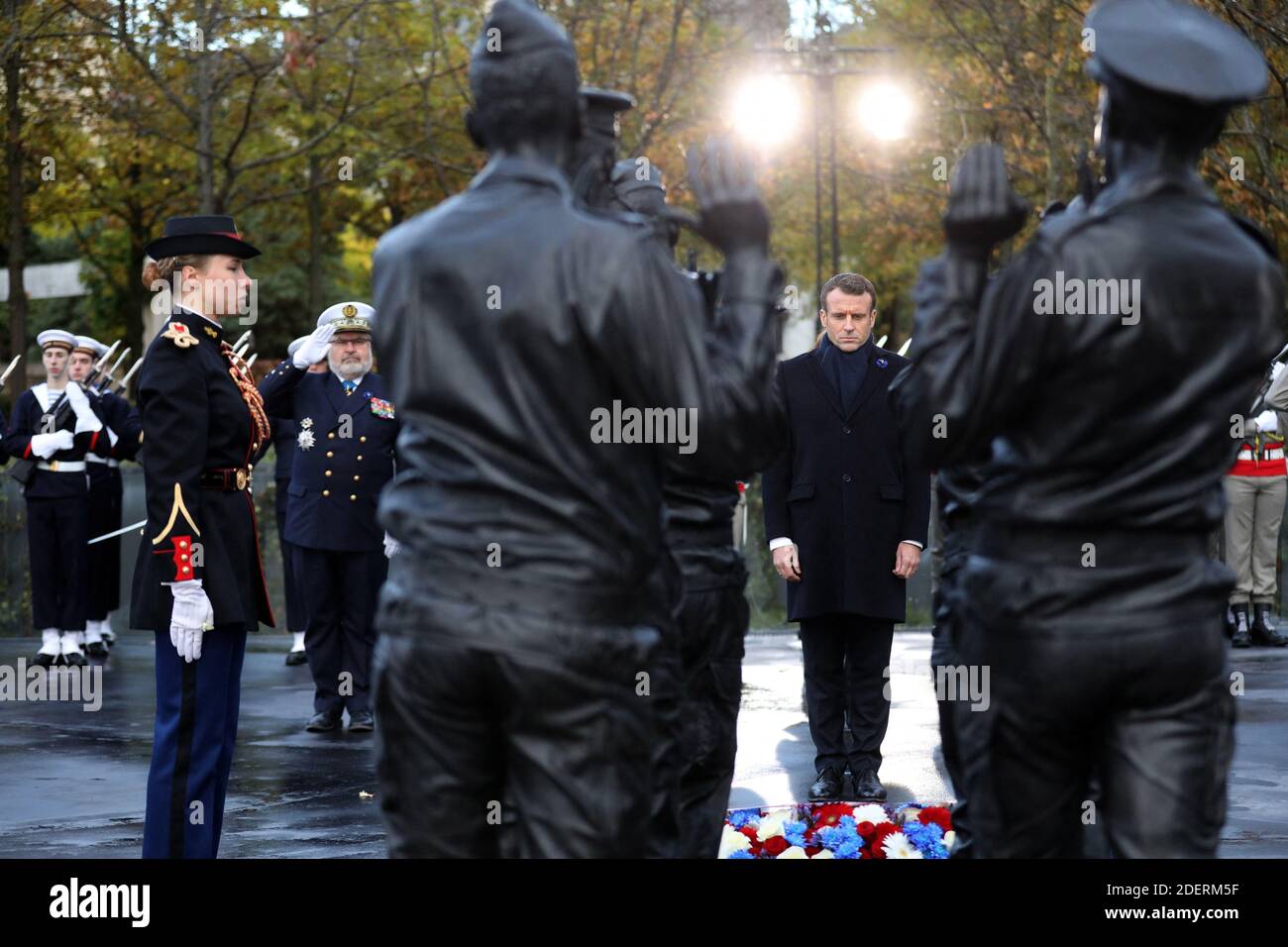French President Emmanuel Macron at the official inauguration of the 'Monument aux morts pour la France en operations exterieures' (OPEX) by French artist Stephane Vigny on November 11, 2019 in the Eugenie-Djendi garden in Paris, France, as part of commemorations marking the 101st anniversary of the 11 November 1918 armistice, ending World War I. Photo by Stephane Lemouton/Pool/ABACAPRESS.COM Stock Photo