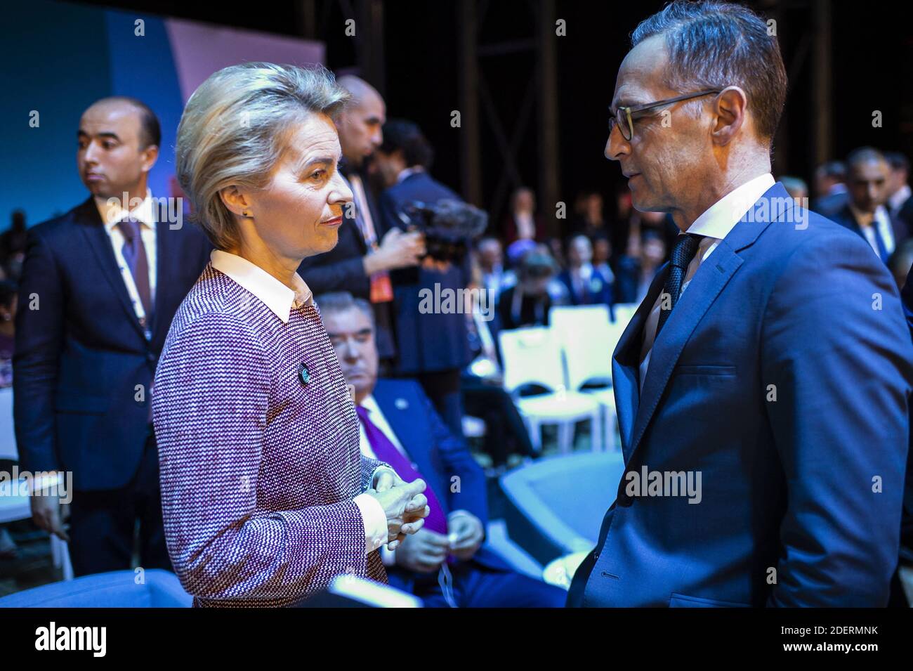 European Commission president Ursula von der Leyen, left, talks with German Foreign Minister Heiko Maas at the start of the Paris Peace Forum Tuesday, Nov. 12, 2019 in Paris, France. Photo by Eliot Blondet/ABACAPRESS.COM Stock Photo