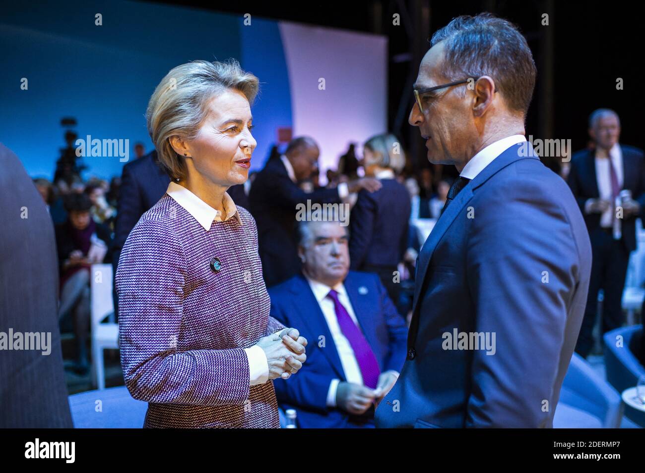 European Commission president Ursula von der Leyen, left, talks with German Foreign Minister Heiko Maas at the start of the Paris Peace Forum Tuesday, Nov. 12, 2019 in Paris, France. Photo by Eliot Blondet/ABACAPRESS.COM Stock Photo