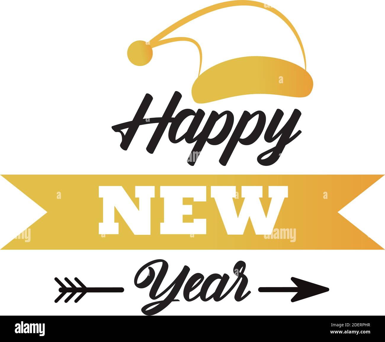 happy new year lettering card with golden santa hat and ribbon vector ...