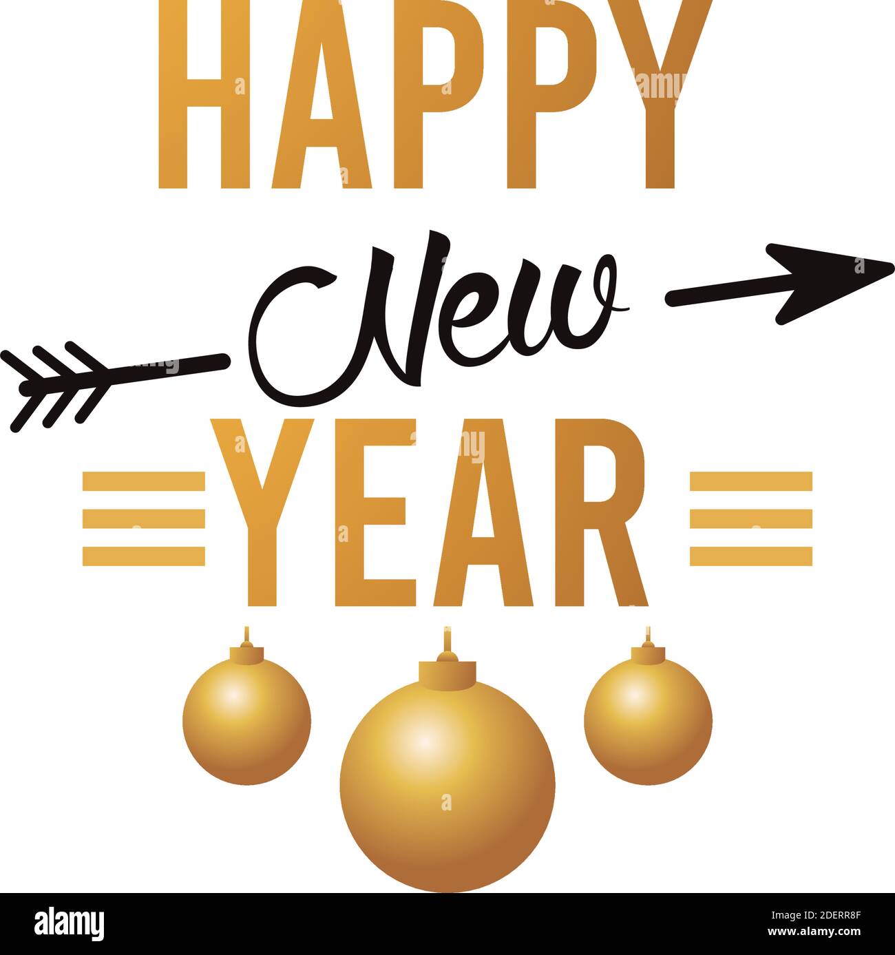 happy new year lettering card with golden balls hanging and arrow ...