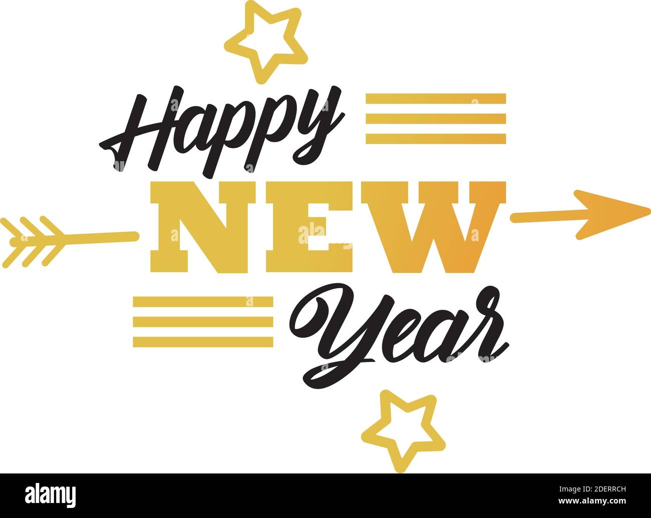 happy new year lettering card with golden stars and arrow vector ...