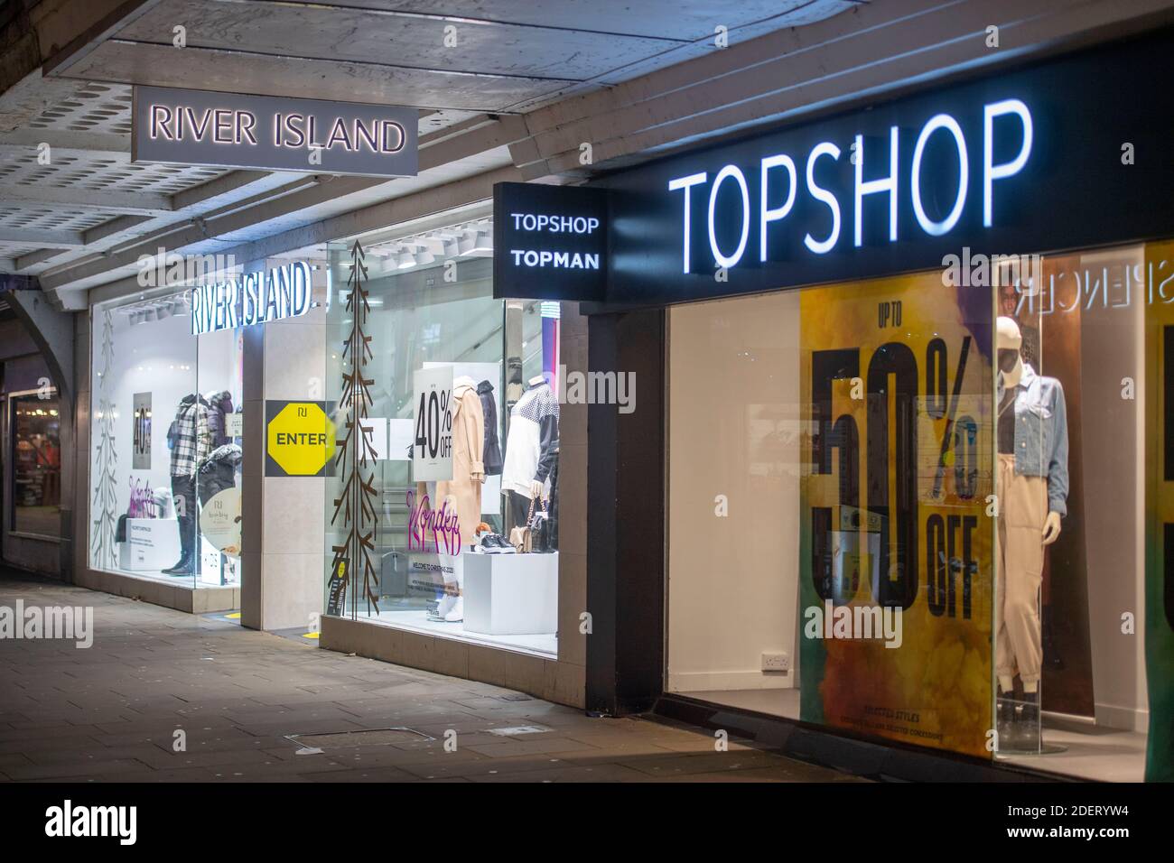Swansea, UK. 01st Dec, 2020. The main TopShop/TopMan shop on Oxford Street  in the city centre of Swansea, South Wales. Topshop, Burton and Dorothy  Perkins owner Arcadia has gone into administration, putting