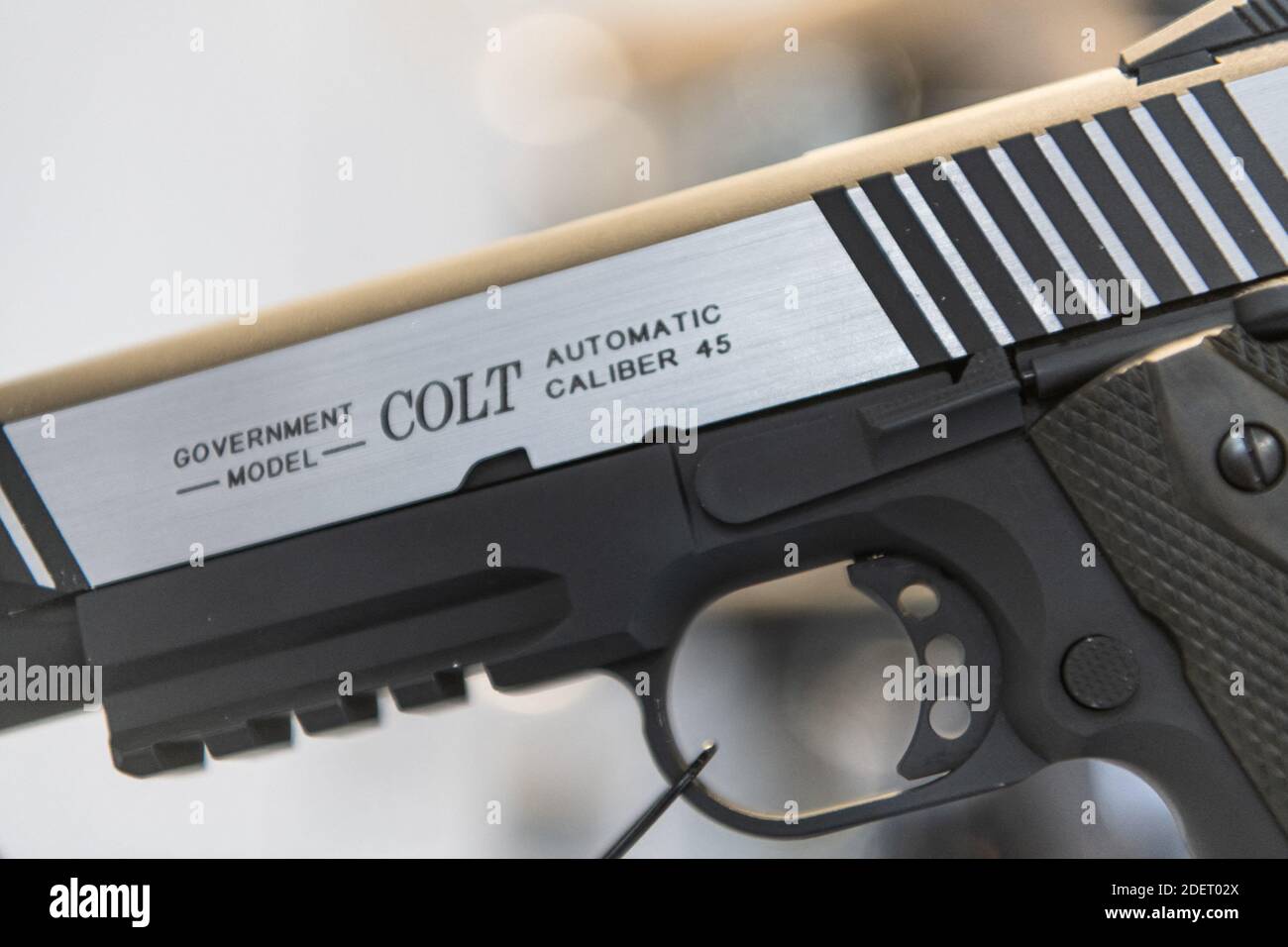 Detail of an automatic Colt Pistol Caliber 45during the Milipol Paris 2019, an international exhibition fair for army and security forces and equipment suppliers located in Villepinte, north of Paris, France, November 19th, 2019. Photo by Daniel Derajinski/ABACAPRESS.COM Stock Photo