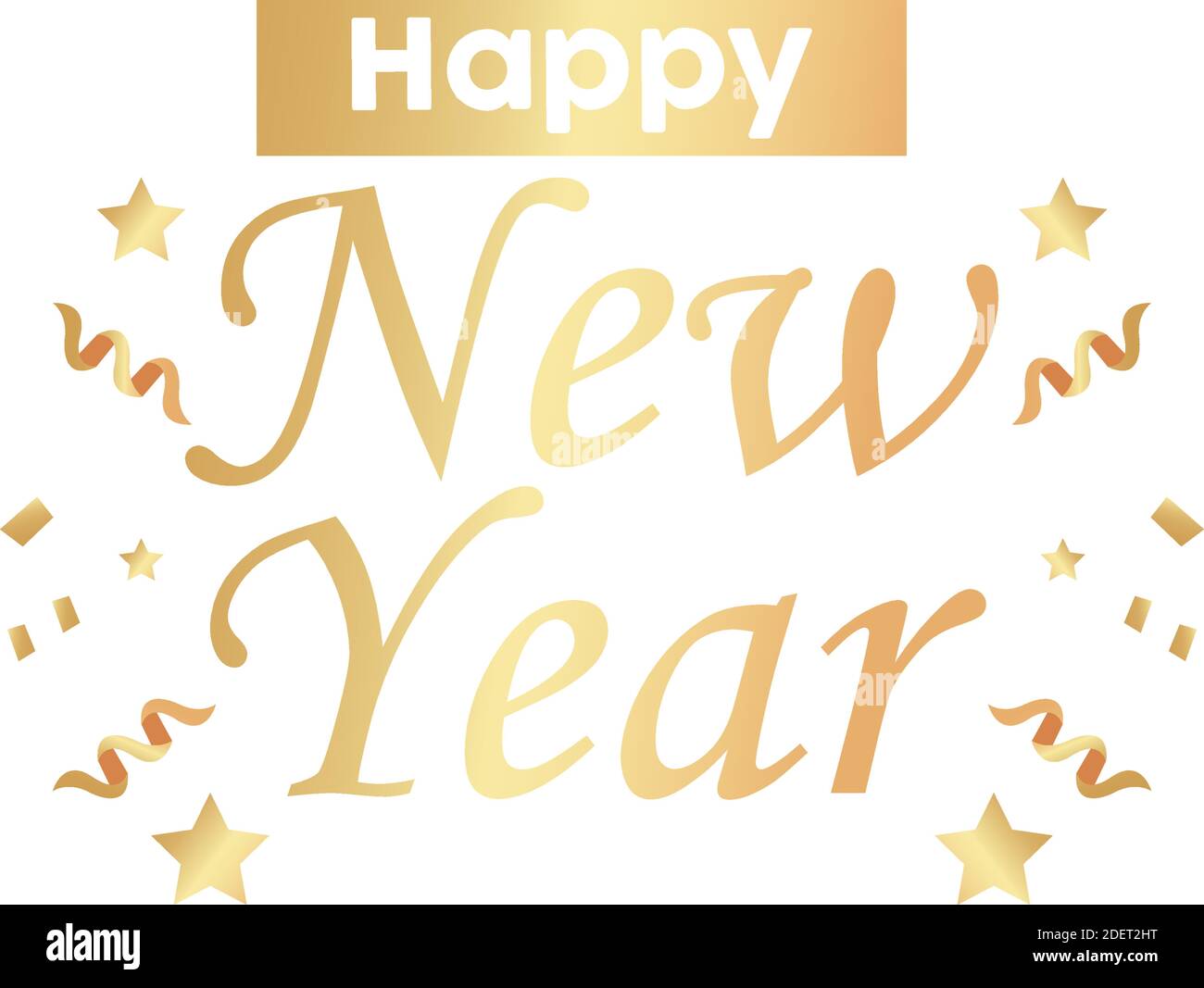 happy new year golden lettering with confetti and ribbon vector ...
